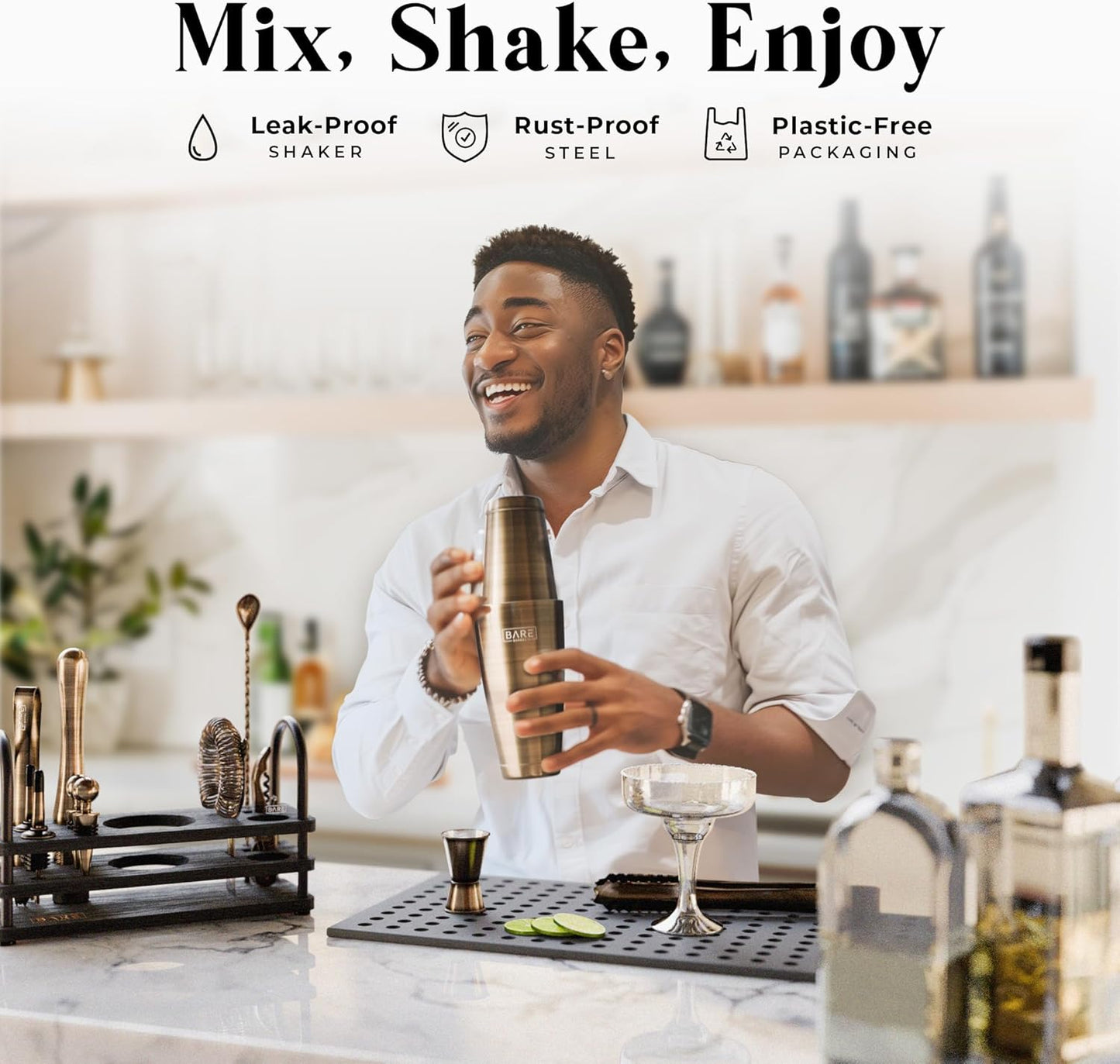 BARE BARREL® Mixology Bartender Kit Bar Set | 14-Piece Cocktail Shaker Set | Martini Barware Mixing Tools for Home Bartending | 35 Recipe Cards | Gift Set (28oz Boston Shaker, Brass/Black)