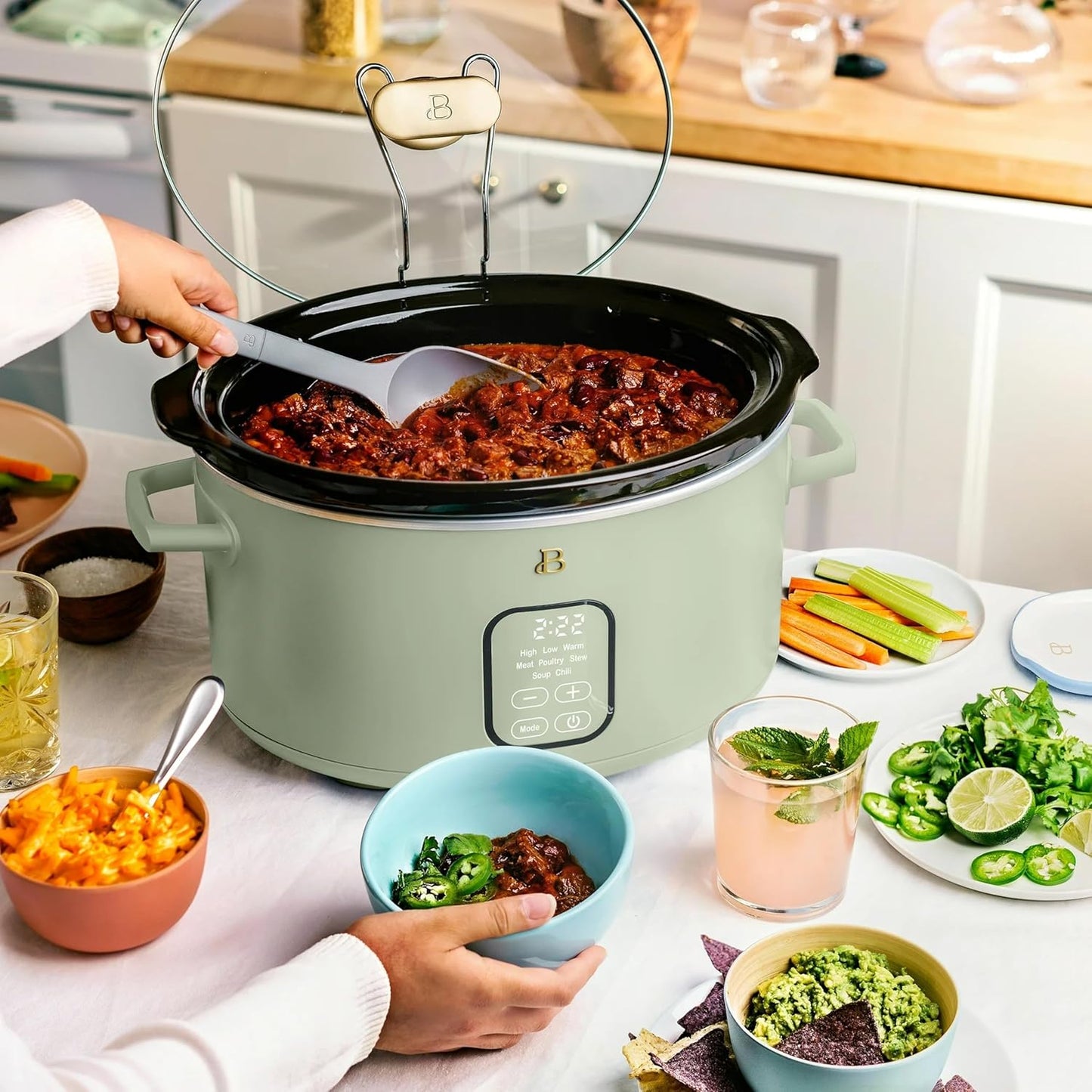 Beautiful 6 Qt Programmable Slow Cooker by Drew Barrymore - 5 Preset Cooking Functions, Digital Countdown Timer, Dishwasher-Safe Parts, and Cool-Touch Handles (Sage Green.)