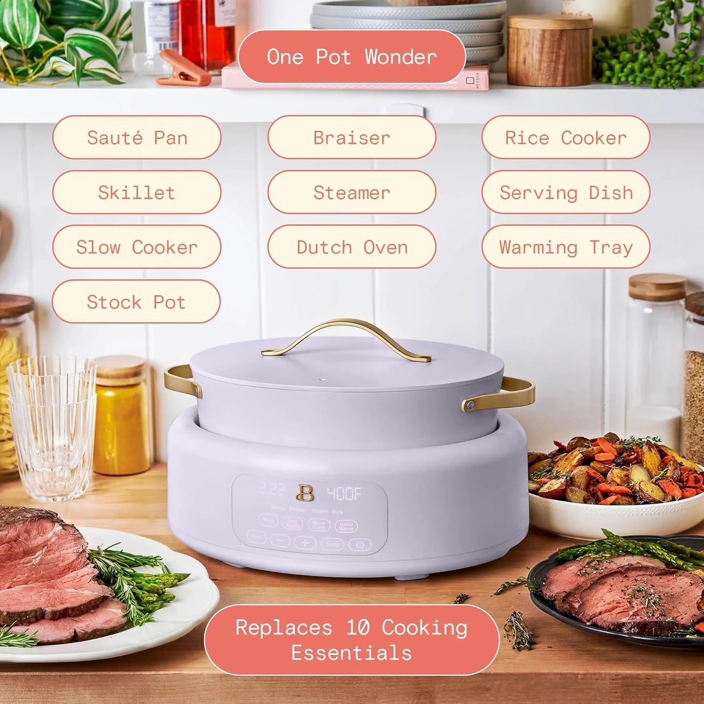 Beautiful 10-in-1 Electric Multi-Cooker by Drew Barrymore, 6-quart, digital display, 10 cooking functions, non-stick pot, easy one-touch control (Lavender)