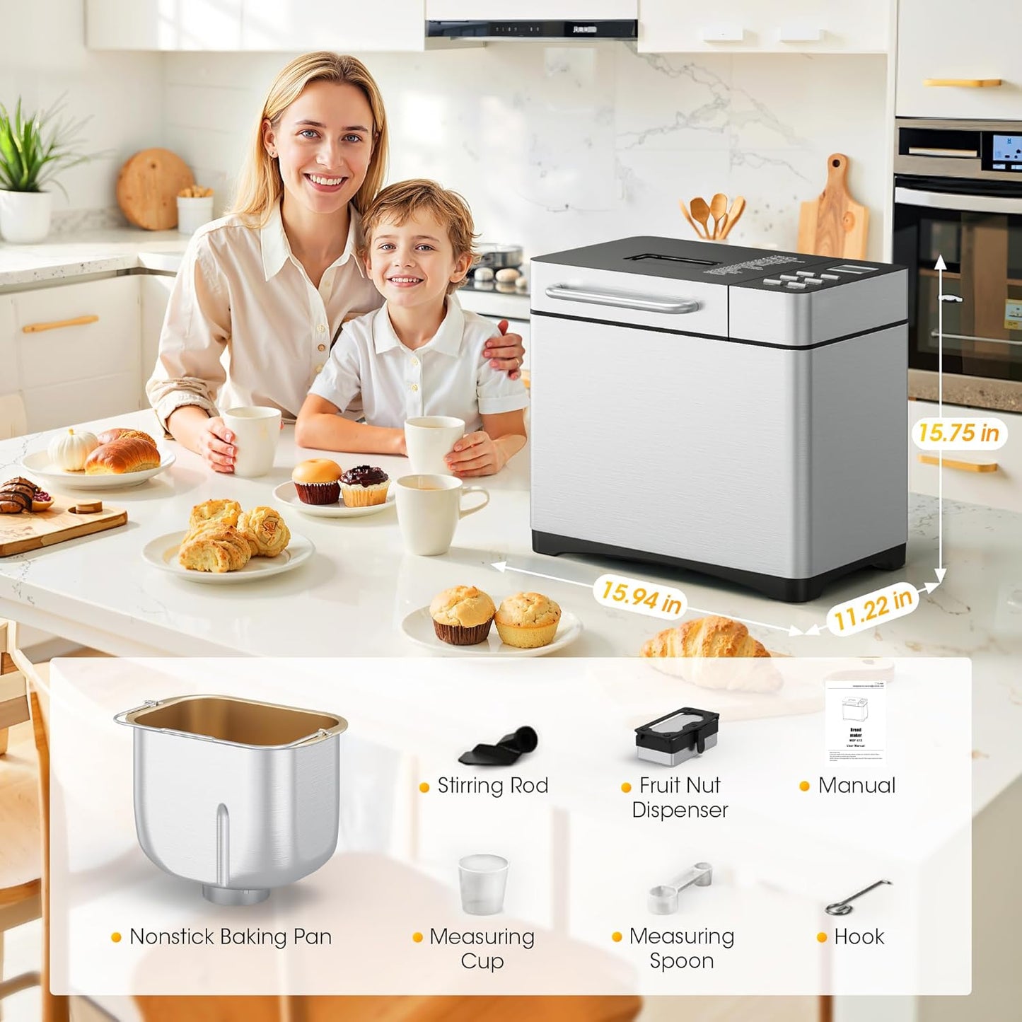 Manastin 2LB & 1.5LB Bread Maker Machine, 19-in-1 Automatic with 3 Crust Colors, 3-Step Beginner-Friendly Operation, Keep Warm, Programmable Delay Timer for Homemade Bread, Silver