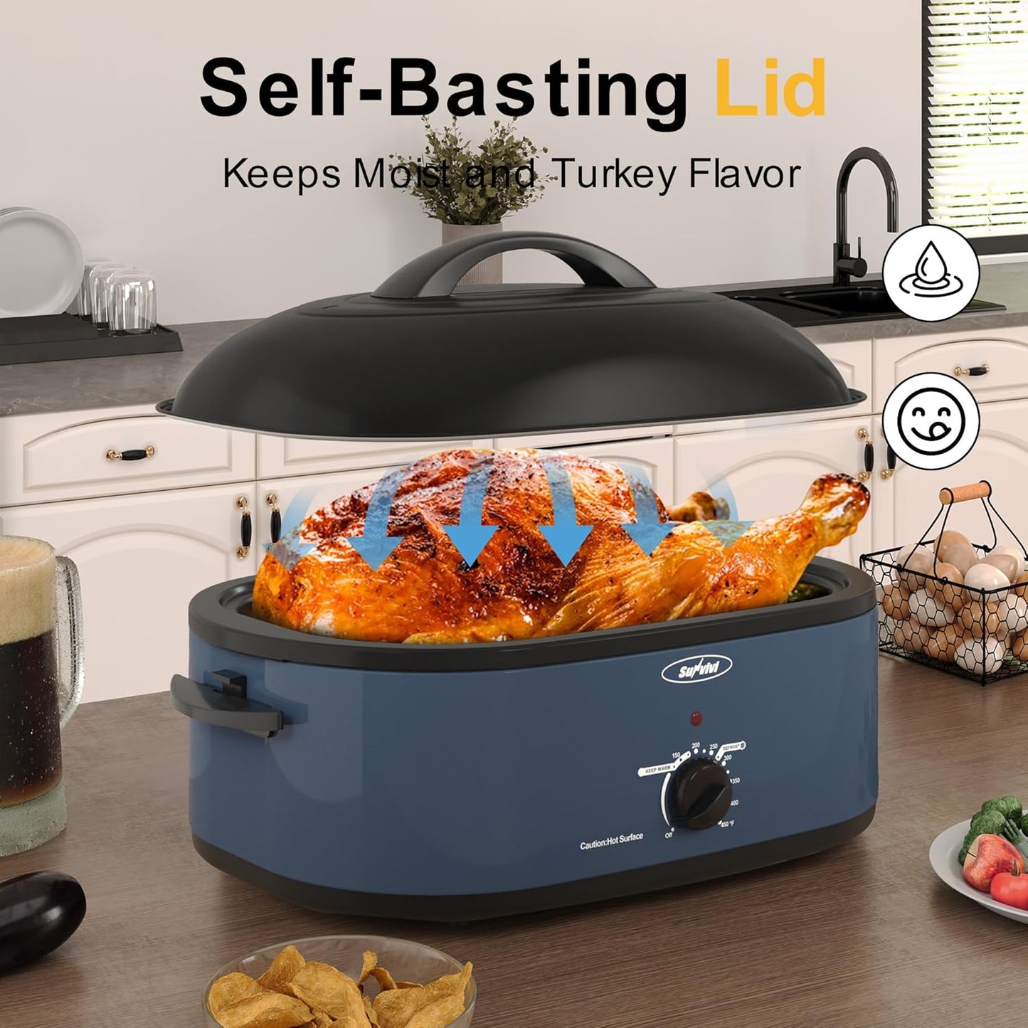 Sunvivi 22lb 18-Quart Roaster Oven, Electric Roaster Oven with Self-Basting Lid, Turkey Roaster with Unique Defrost/Warm Function, Large Roaster with Removable Pan & Rack, Stainless Steel, Blue