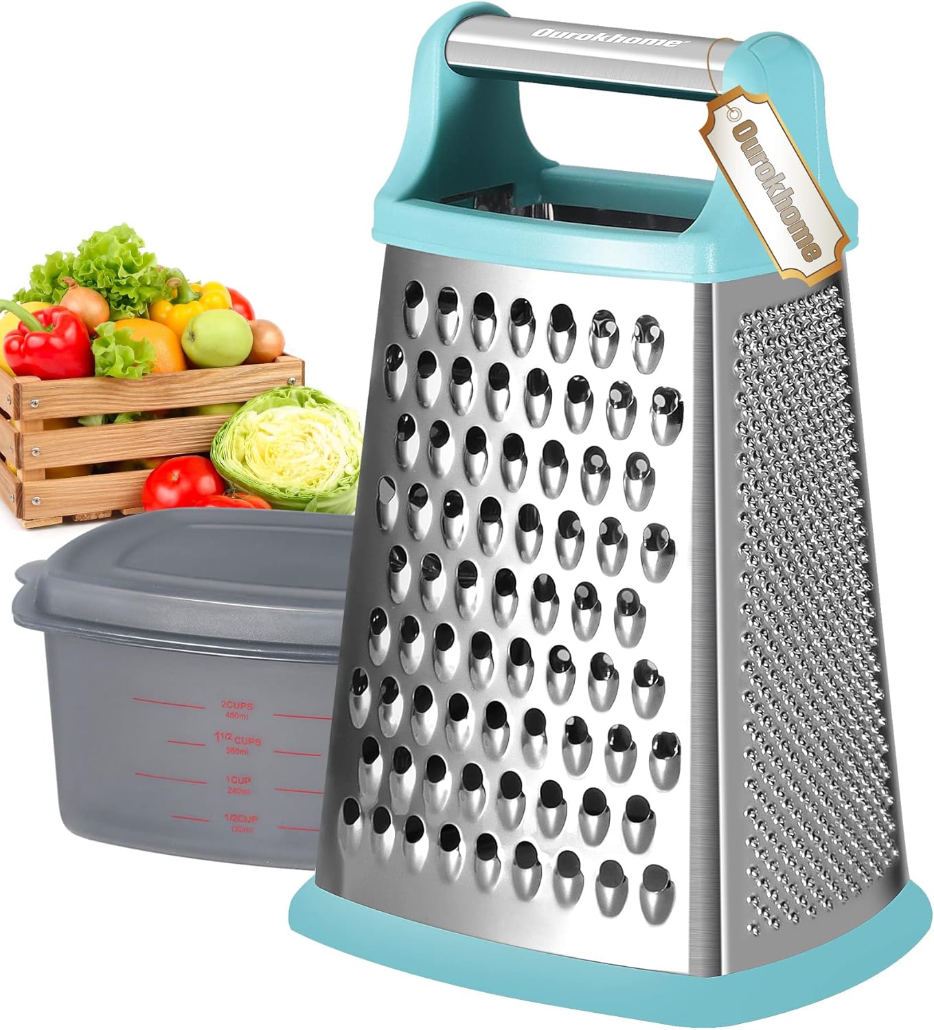 Ourokhome Cheese Grater with Handle, Stainless Steel Box Grater, 4 Side Kitchen Vegetable Shredder Slicer Zester with Container for Parmesan, Cabbage, Ginger, Lemon, Chocolate, Coconut (Teal)