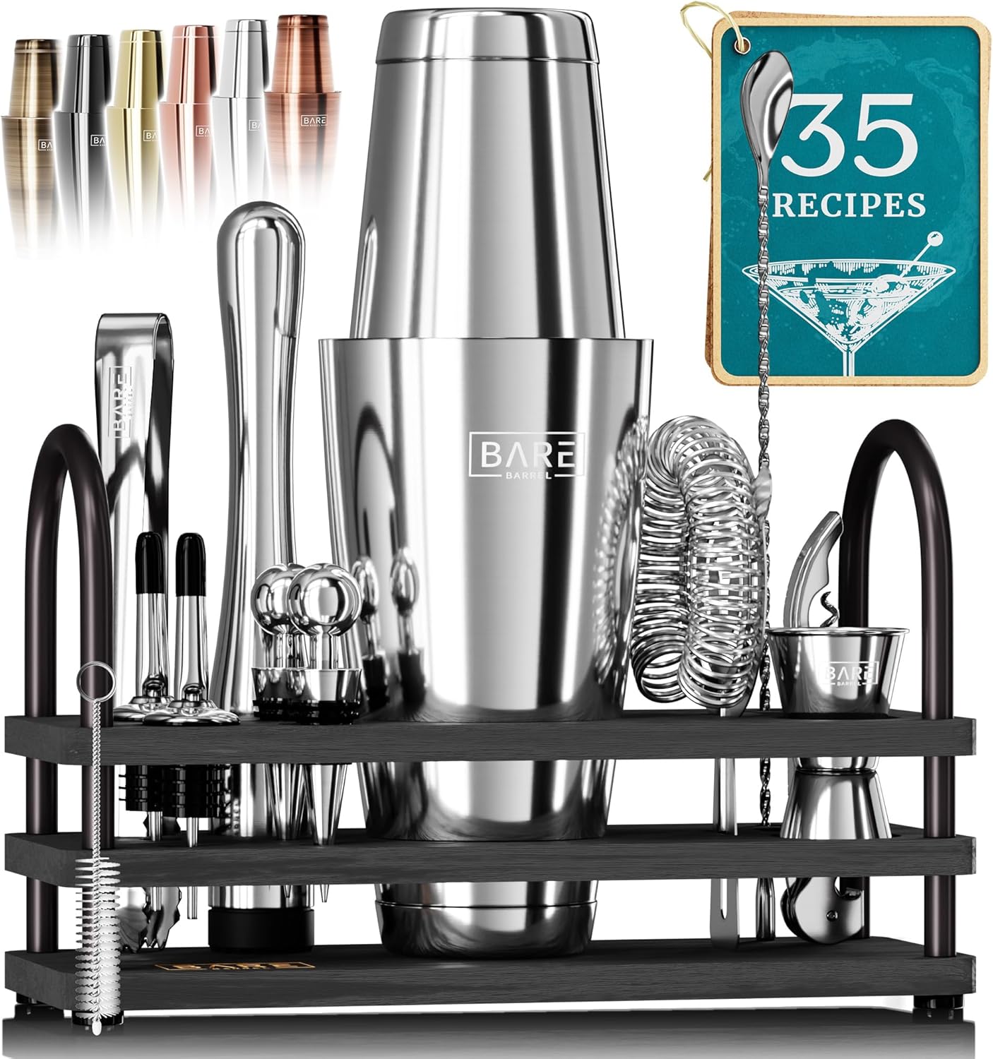BARE BARREL® Mixology Bartender Kit Bar Set | 14-Piece Cocktail Shaker Set | Martini Barware Mixing Tools for Home Bartending | 35 Recipe Cards | Gift Set (28oz Boston Shaker, Silver/Black)