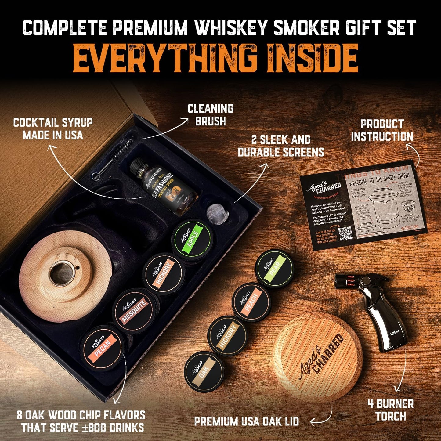 Whiskey Smoker Kit with Torch and Old Fashioned Syrup - 8 Flavors Wood Chips - Bourbon Gifts for Men, Cocktail Smoker kit - USA Oak Smoke Lid (No Butane)