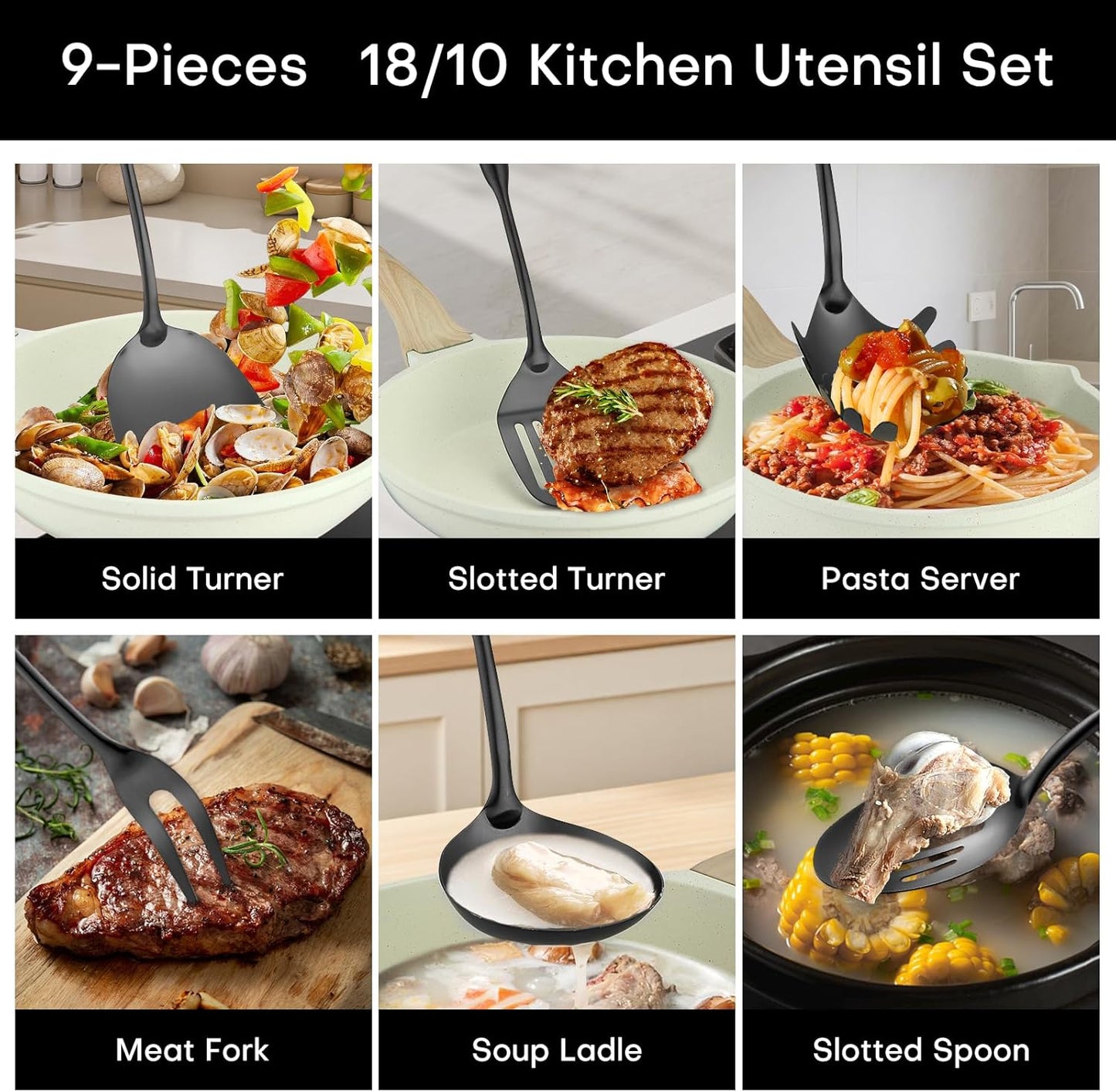 Lazycorner Kitchen Utensil Set 9-Piece Stainless Steel 304 Polished Mirror Finish Cooking Spoons, Slotted Spoon, Turner, Spatula, Pasta Spoon– Dishwasher Safe, Rust-Resistant