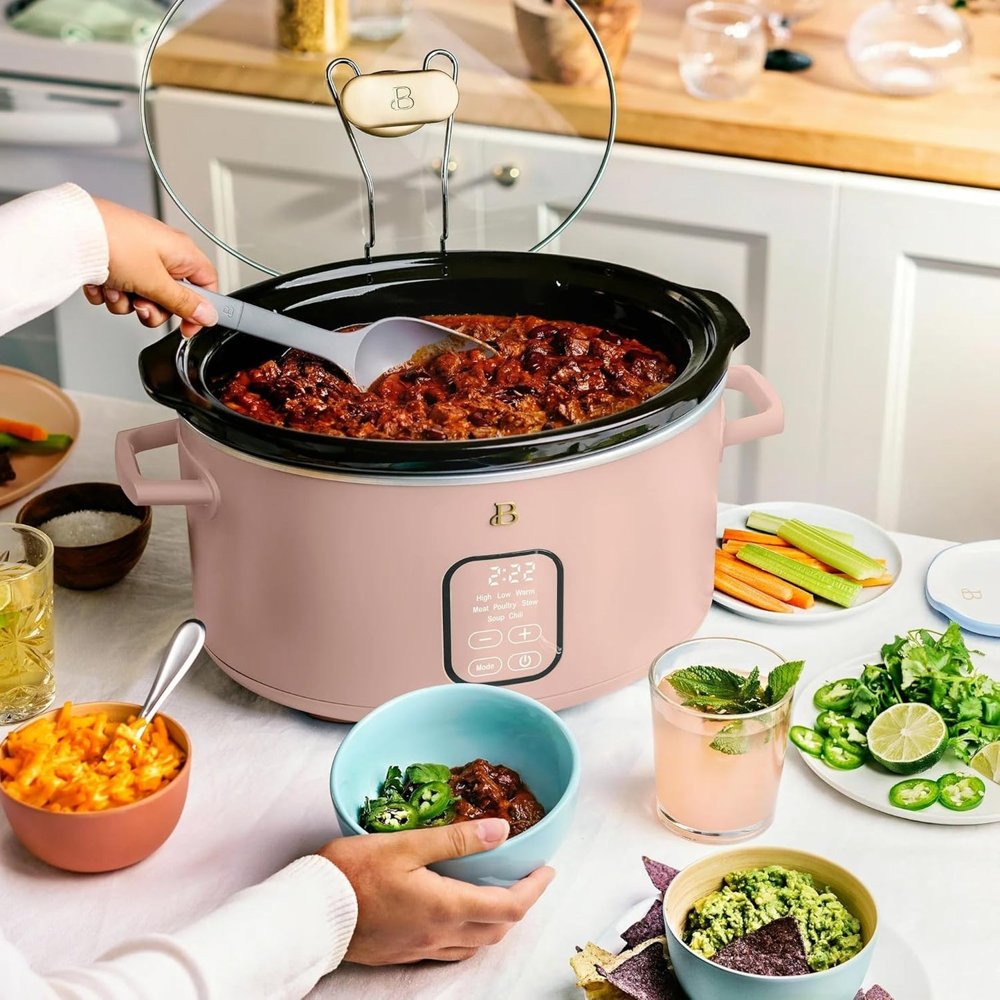 Beautiful 6 Qt Programmable Slow Cooker by Drew Barrymore - 5 Preset Cooking Functions, Digital Countdown Timer, Dishwasher-Safe Parts, and Cool-Touch Handles (Rose.)