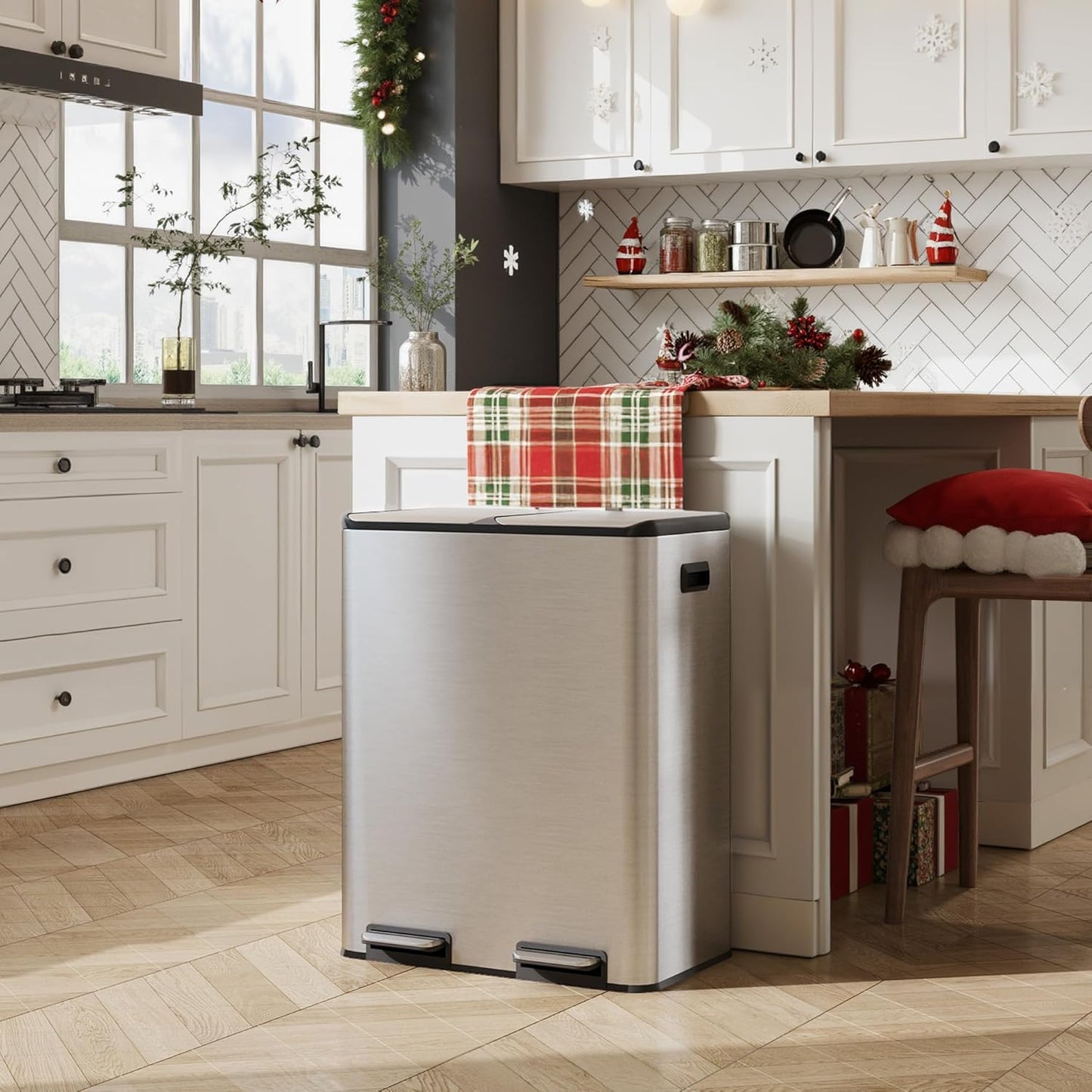 WLIVE 2 x 8 Gallon Dual Compartment Trash Can Stainless Steel, Pet-Proof Double Garbage Can Kitchen with Lid, Inner Buckets and Deodorizing Filter Box, Trash and Recycle Bin Combo, Silver