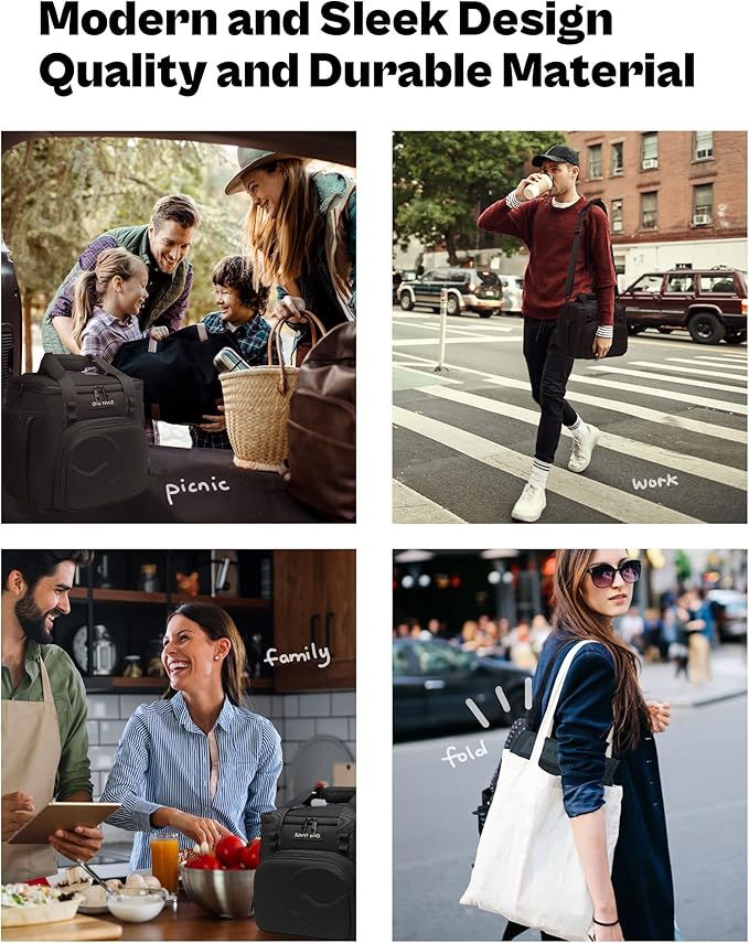 SUNNY BIRD 12L Large Insulated Lunch Bag, Leakproof and Foldable Lunch Cooler Box for Women Adult and Men, Fits 18 Cans (Black 01)