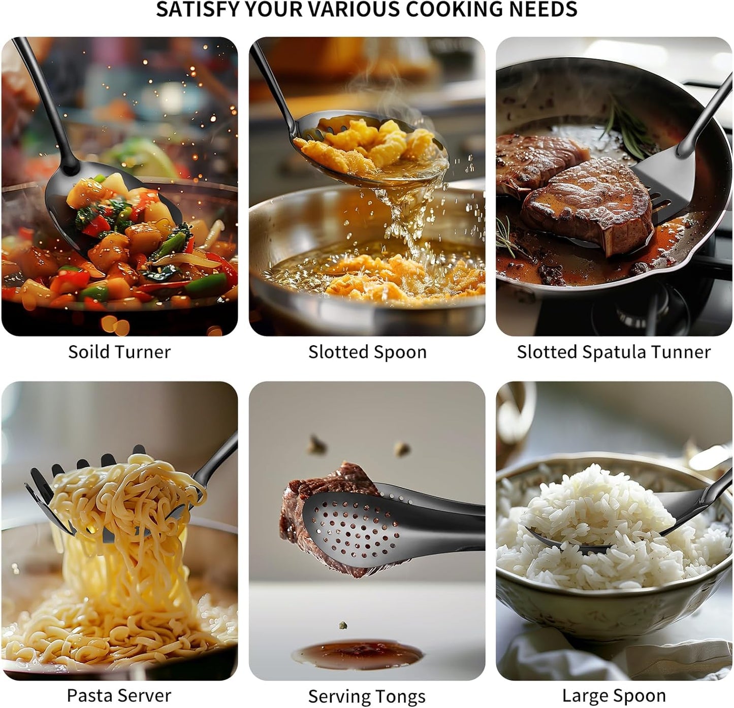 304 Stainlss Steel Matte Kitchen Utensils Set, 11 Pcs Long Metal Cooking Utensil Gadgets Tools Set with Spatula, Ladle, Spoon, Skimmer, Turner, Pasta Server, Tongs(Black, Dishwasher Safe)