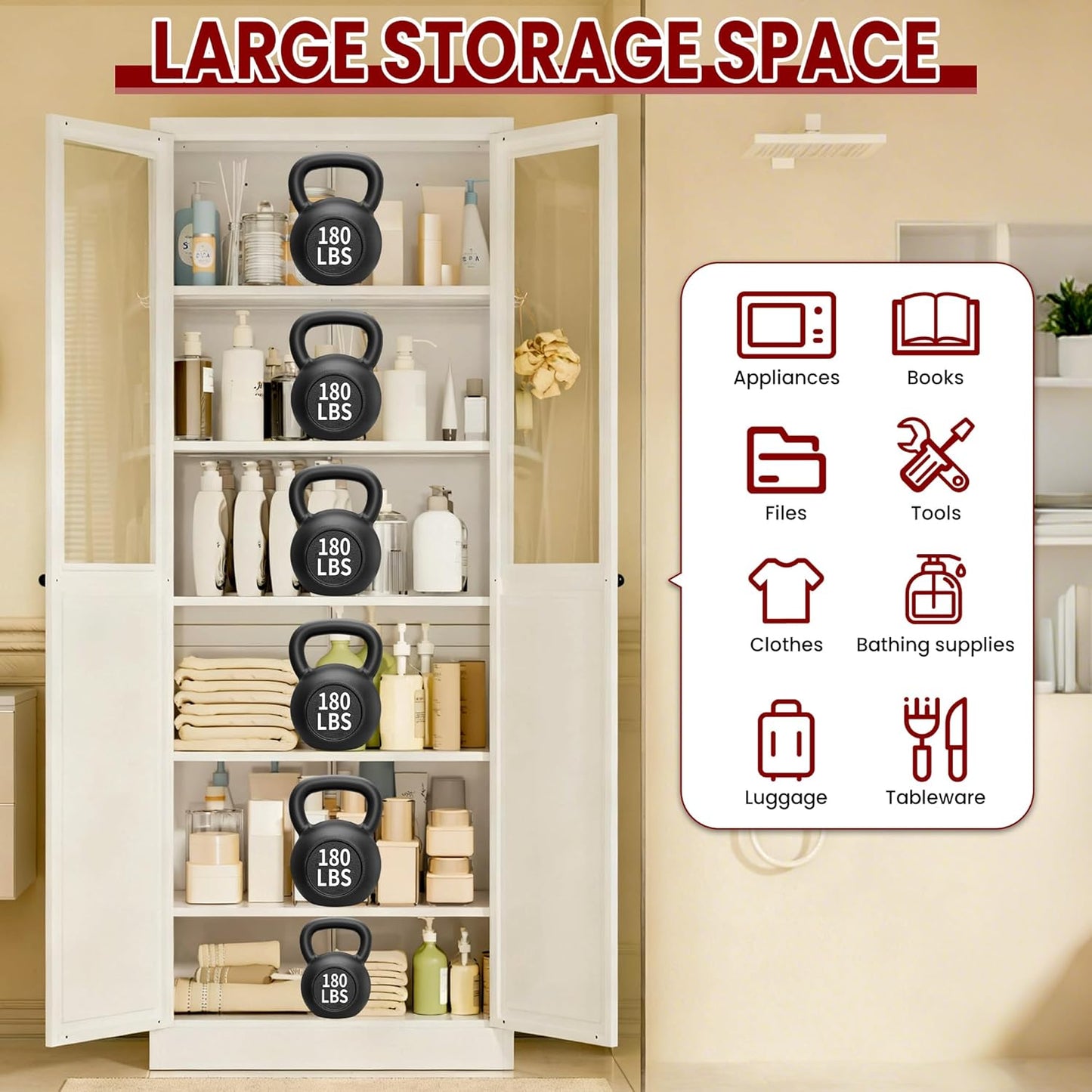 AQY Kitchen Pantry Cabinet,72" White Pantry Storage Cabinet with 5 Tire Adjustable Shelves and Glass Doors,Freestanding Cupboard,Metal Pantry Cabinets with Handle for Living Room,Assembly Required