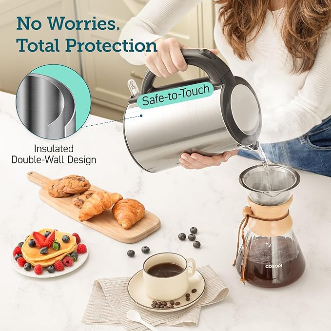 COSORI Electric Kettle, No Plastic Inner Lid, Filter and Spout, Double Wall Stainless Steel Keep Warm, Automatic Shut Off & Boil-Dry Protection, Durable Tea Kettle Boiler & Heater, 1.5L/1500W, Silver