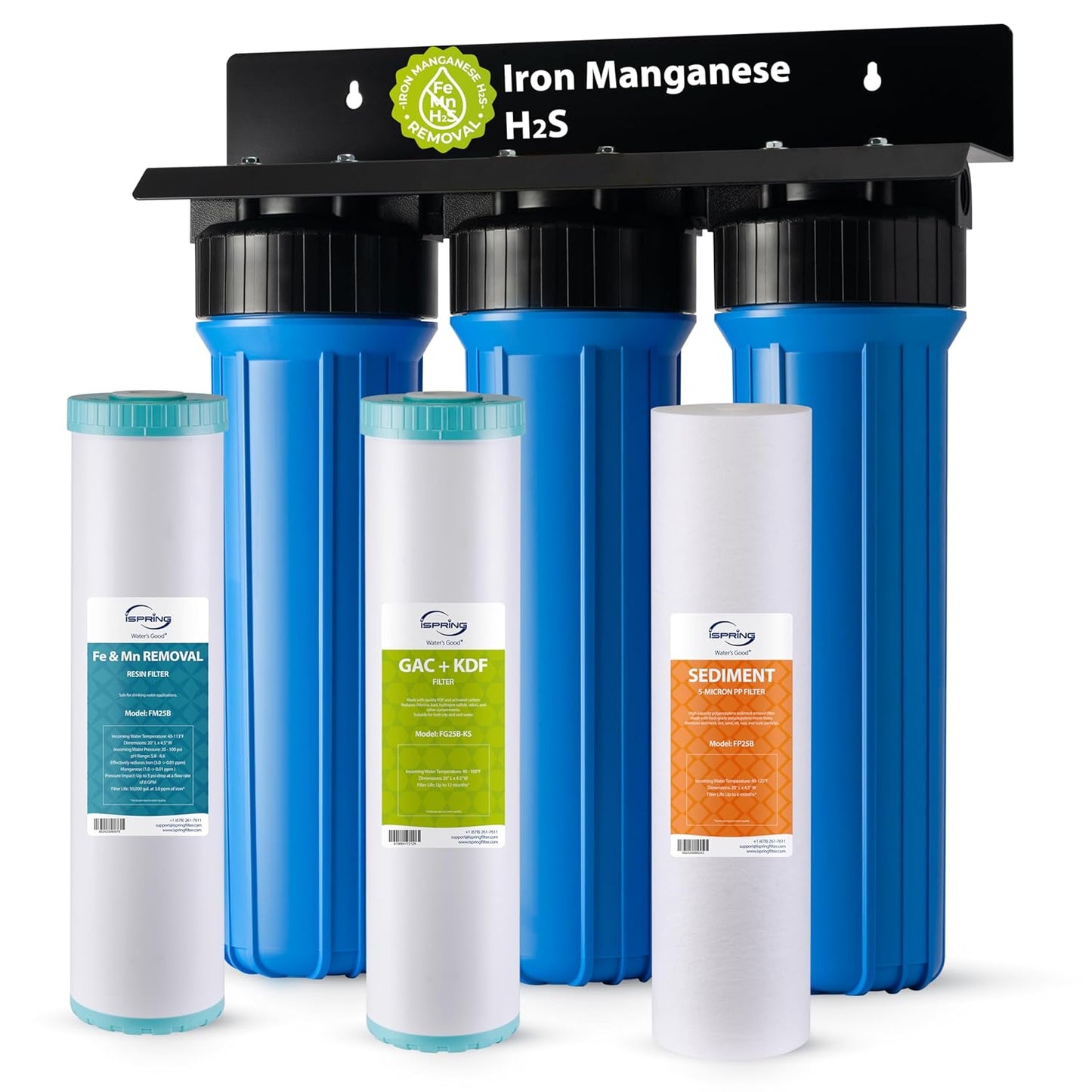 iSpring Iron, Hydrogen Sulfide, Manganese Whole House Water Filter System, Also Reduces Sediments, Lead, Chlorine, Chloramine, Mercury, WGB32B-MKS 3-Stage Whole House Water Filtration System