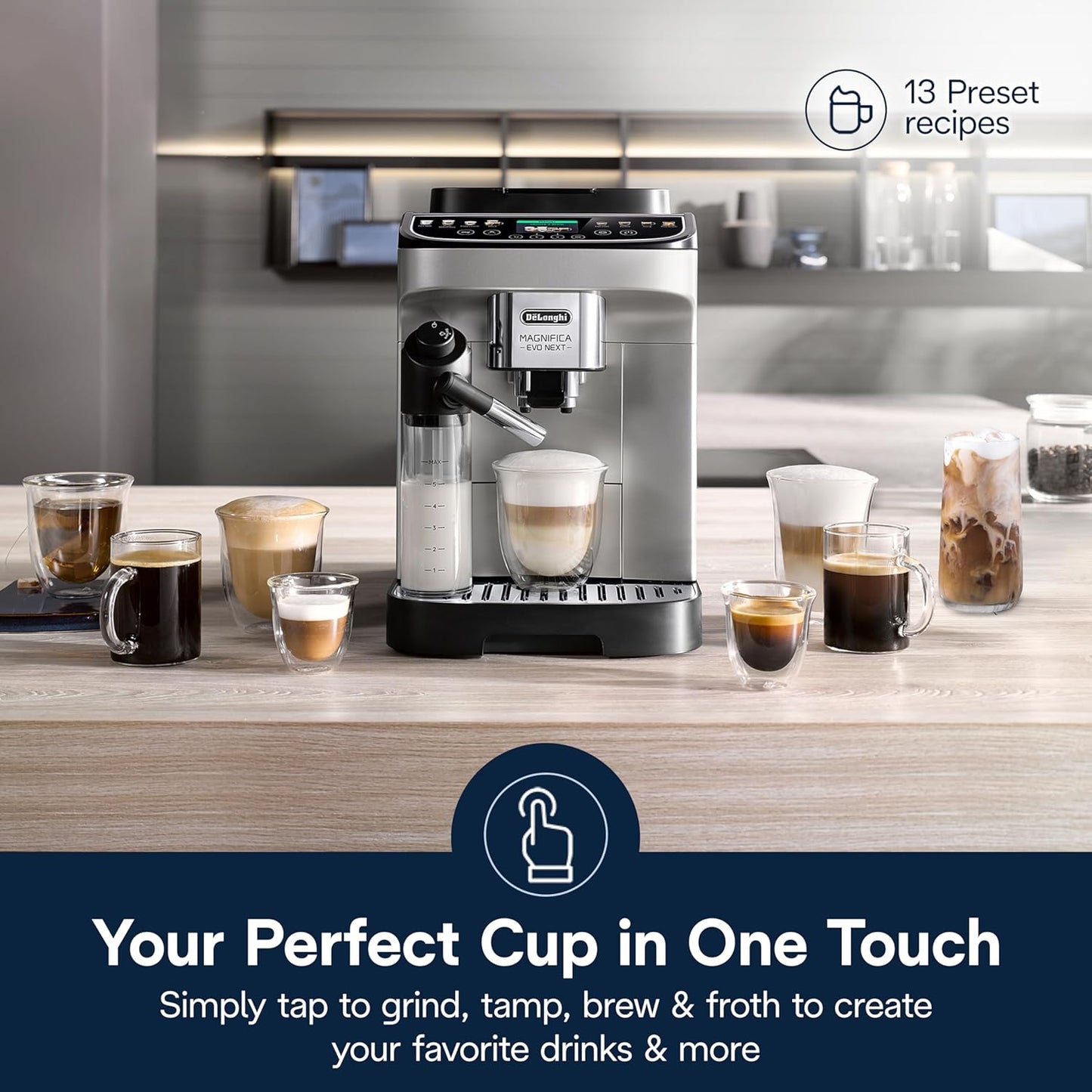 De'Longhi Magnifica Evo Next Fully Automatic Espresso Machine - Programmable Coffee Maker with Grinder and Milk Frother - Hot & Cold Brewer for Espresso, Latte, Cappuccino, Americano, Tea and More