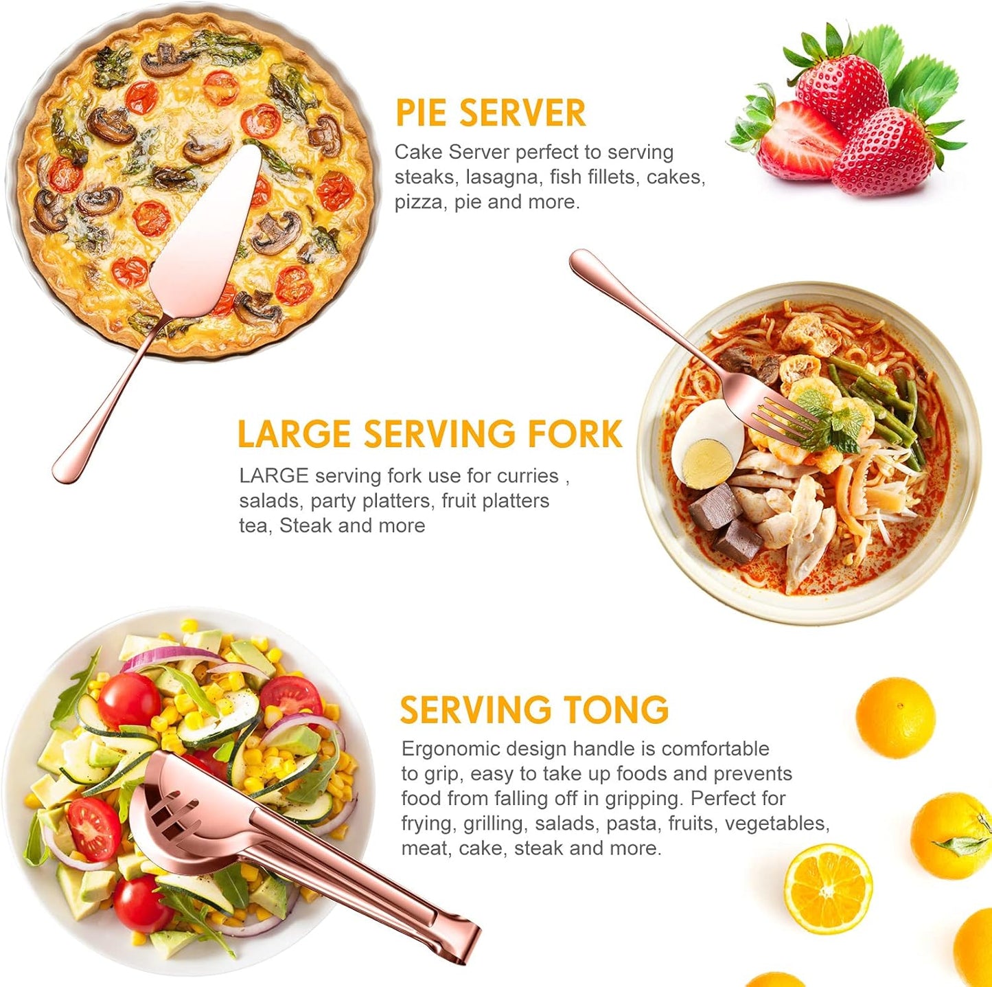 Patelai Serving Utensils Set Include Stainless Steel Large Spoons Slotted Spoons Forks Tongs Soup Ladle and Pie Server for Parties Buffet Catering, Dishwasher Safe(Rose Gold,10 Pieces)