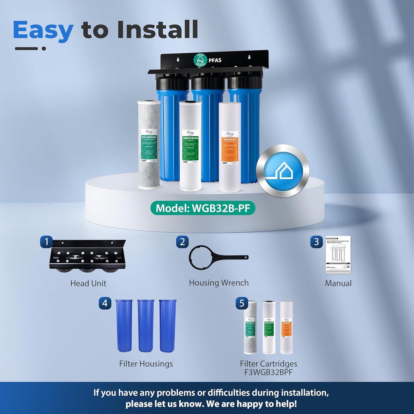 iSpring PFAS Whole House Water Filter System, SGS-Tested to Remove up to 99% PFOA & PFOS, 3-Stage Filtration Reduces Sediment, Chlorine, Taste & Odor, 20-Inch Filters, 1" Inlet/Outlet Model: WGB32B-PF
