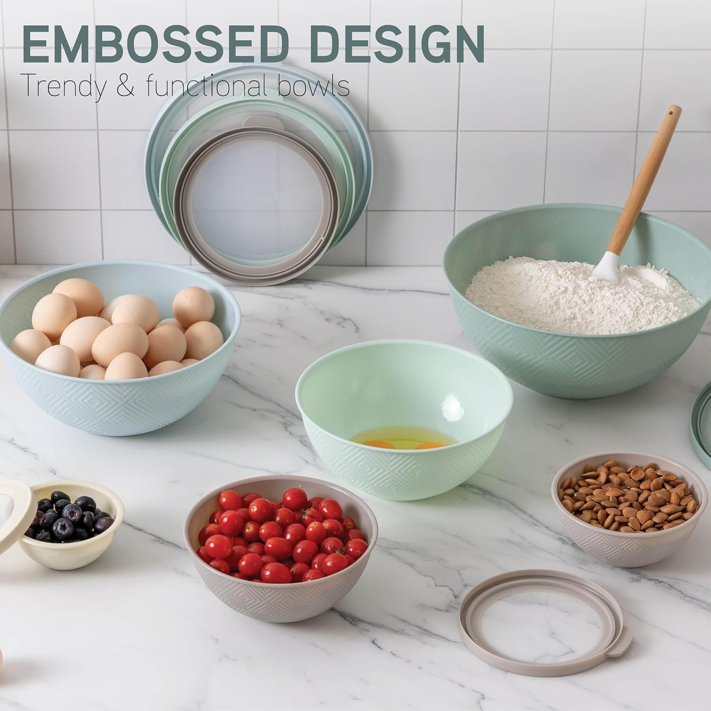 COOK WITH COLOR Mixing Bowls with Lids - 12 Piece Plastic Nesting Bowls Set includes 6 Prep Bowls and 6 Lids, Rhombus Design - Microwave Safe (Mint)