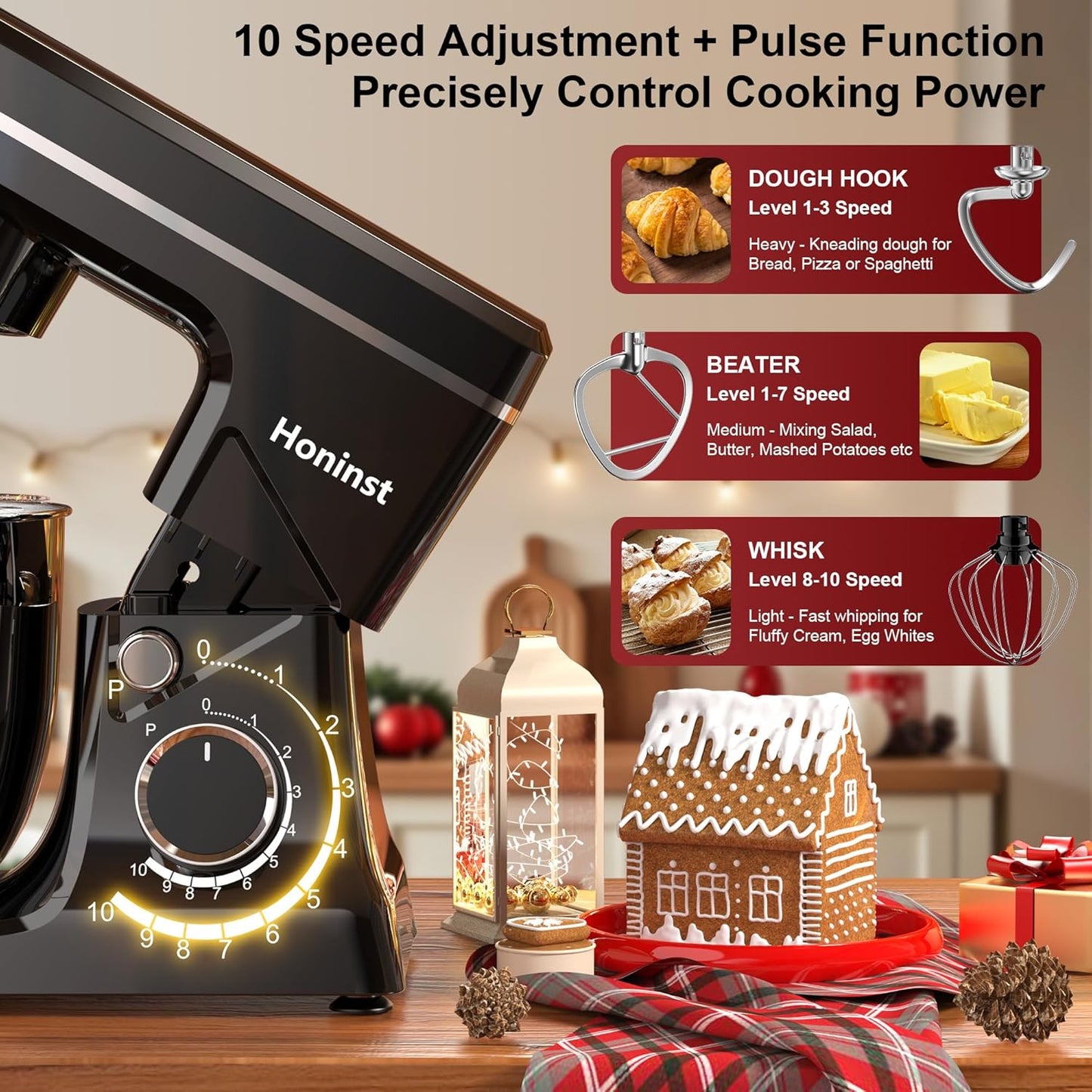 Stand Mixer, 10-Speed Kitchen Electric Mixer, 6QT Food Mixer with 8-in-1 Splash Guard, Dishwasher-Safe Dough Hook/Whisk/Beater/Spatula, Dough Mixers for Baking, Black