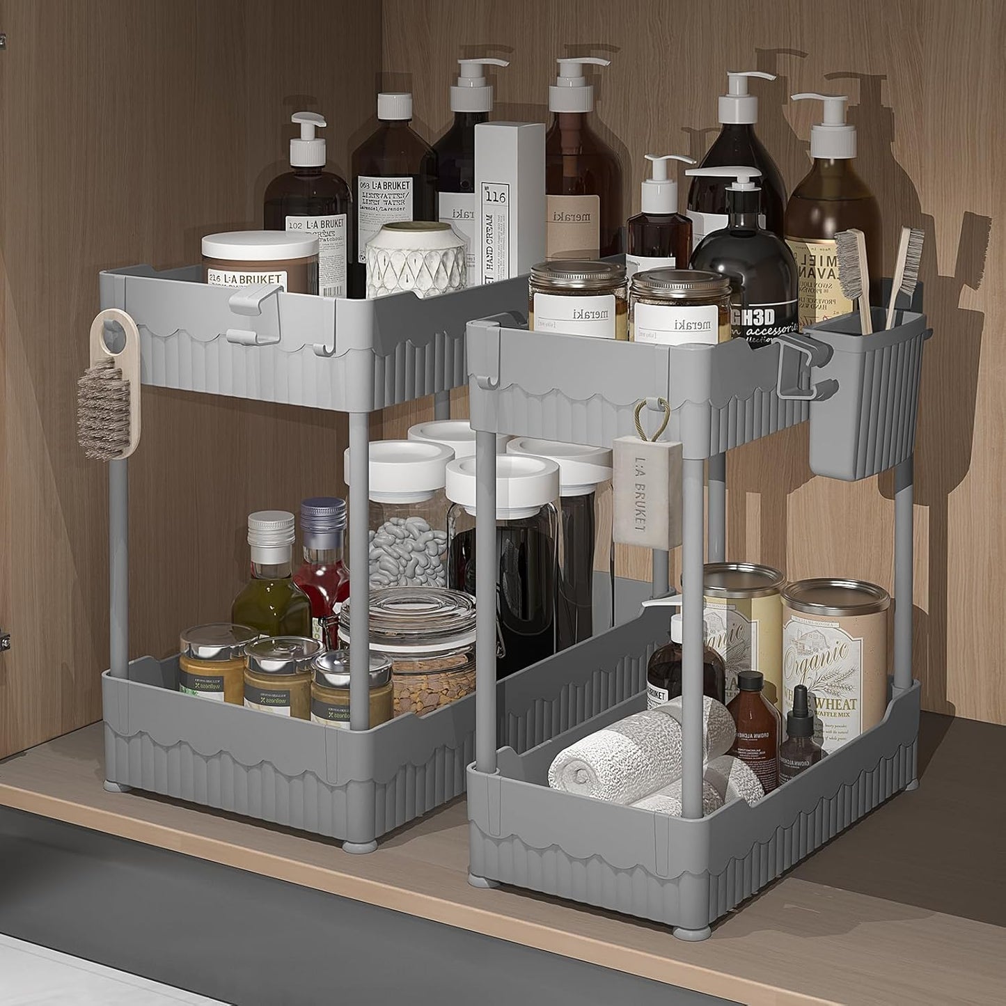 2 Pack Under Sink Organizer, Under Bathroom Cabinet Organizer with Hooks Hanging Cup, Multi-Purpose Storage Shelf for Kitchen Bathroom (Gray, XL)