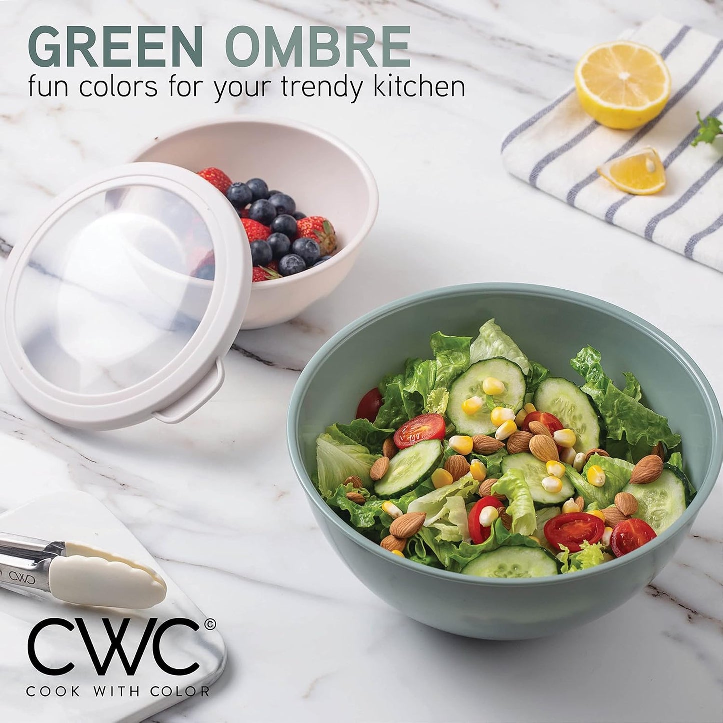 COOK WITH COLOR Nesting Mixing Bowls - 12 Piece Plastic Bowl Set with Lids, Microwave Safe (Green)