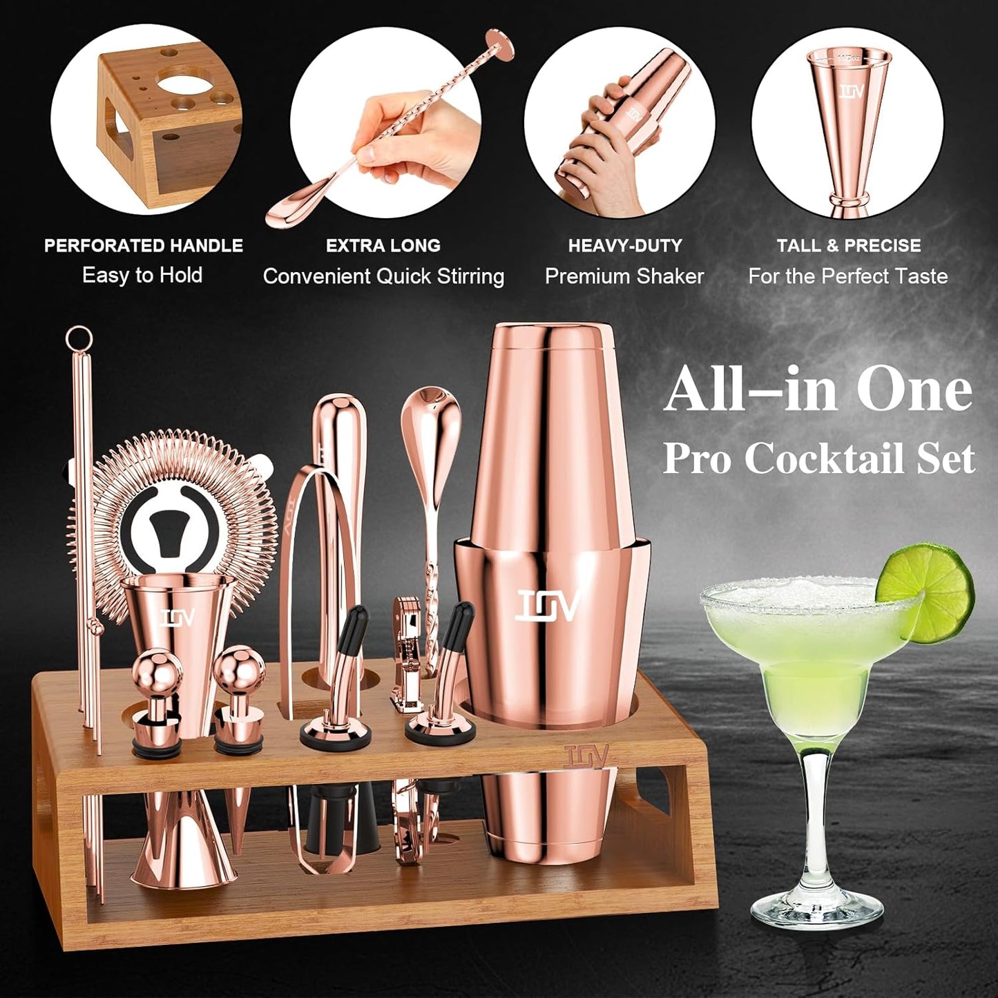 IOV Mixology Bartender Kit Bar Set with Stand | 17-Piece Cocktail Shaker Set | 28oz Boston Shaker Drink Mixer Set with All Essential Accessory Tools | Fun Housewarming Gift (Rose Gold)