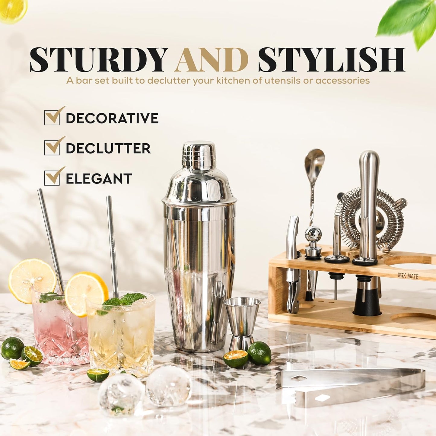 Mixology Bartender Kit with Stand - 15 Piece Bar Tool Set, Silver Bar Set Cocktail Shaker Set for Drink Mixing - Includes Martini Shaker, Jigger, Strainer, Bar Mixer Spoon, Tongs | Gift Idea (Natural)