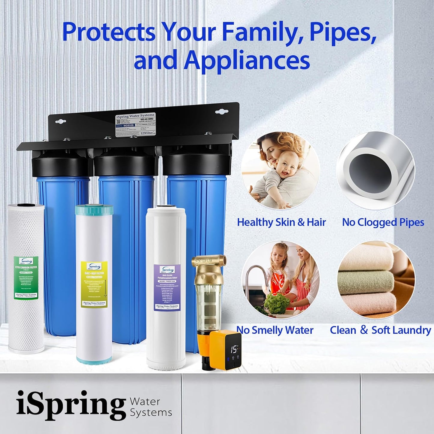 iSpring Whole House Water Filter System w/Auto-Flushing Spin Down Sediment Filter, Water Descaler, GAC+KDF, and Carbon Block Filter, WGB32B-KDS+WSP50ARB