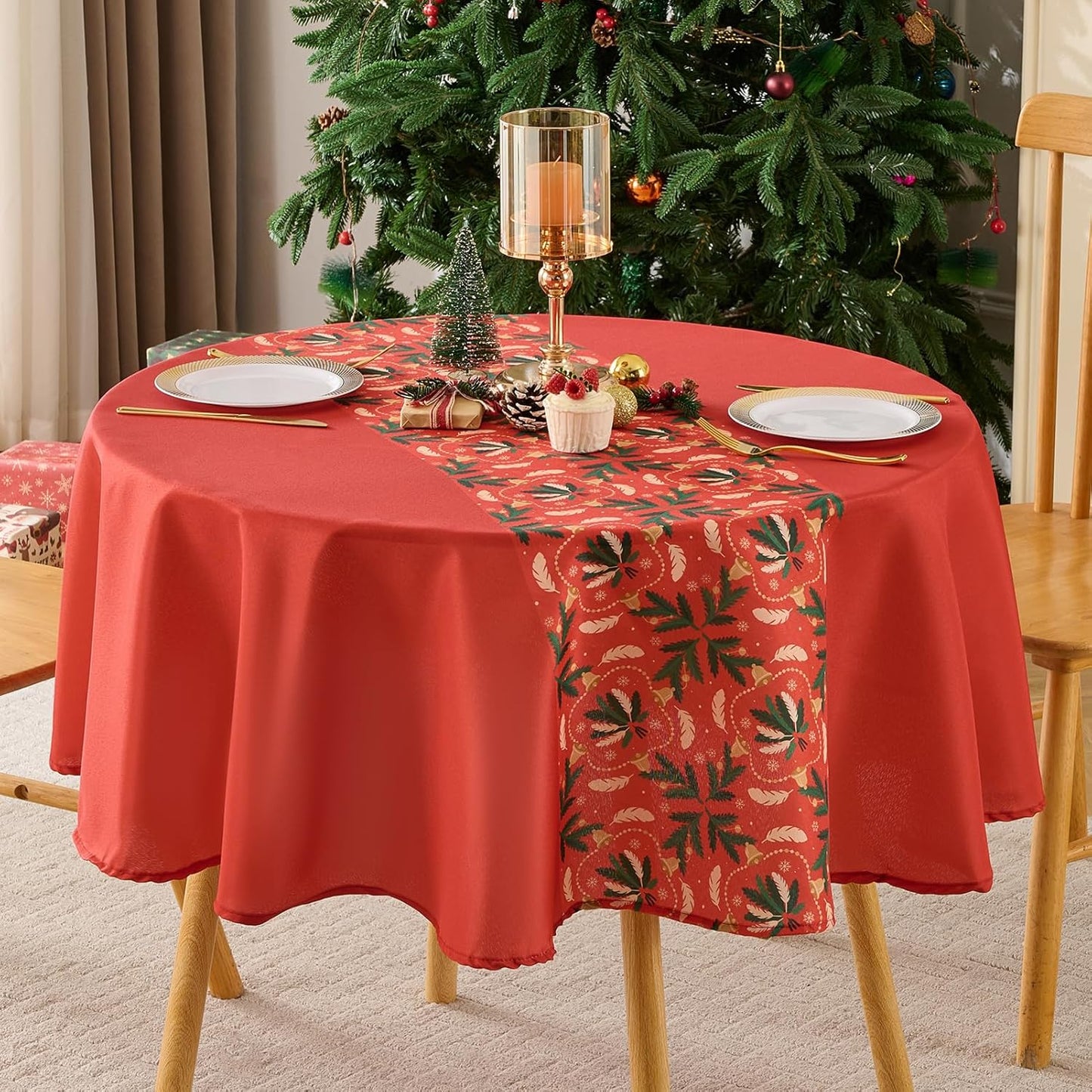 Christmas Tablecloth Round 60 Inch 1 Pack Waterproof, Machine Washable Checkered Polyester Table Cover for Xmas Party, Winter Holiday Home Decoration in Festive Red 1pack