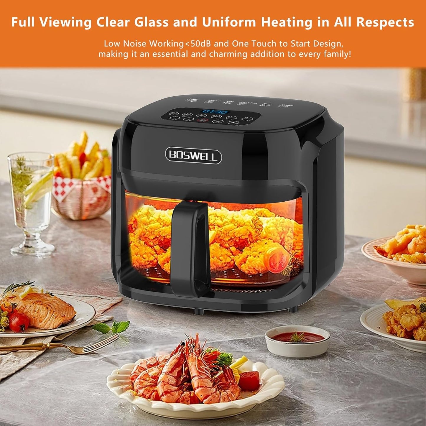 BOSWELL Glass Air Fryer, 7.5QT with Transparent Fry Bowl, Circulating Heating, Temperature Control, Air Fryer Roast, Dishwasher Safe