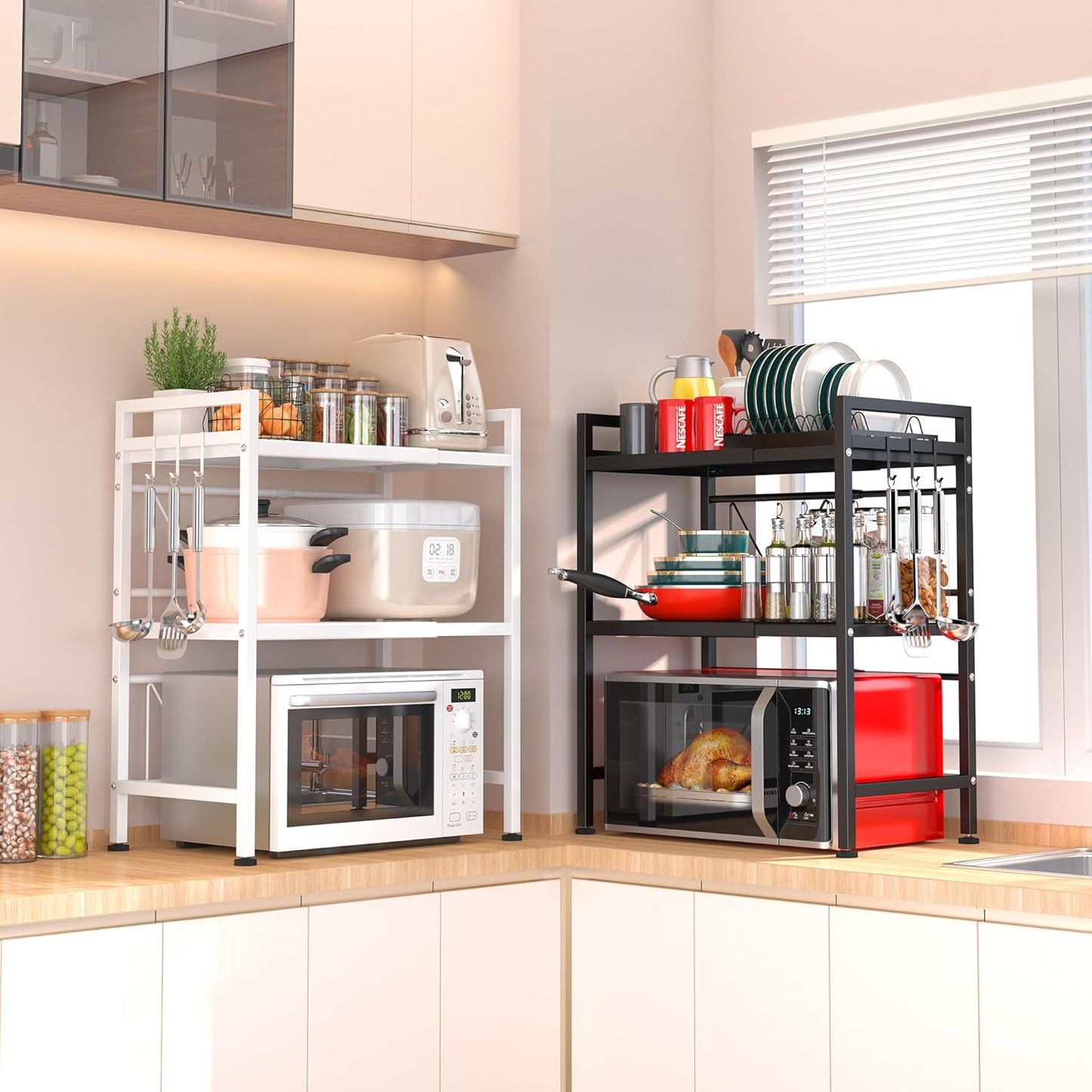 PUSDON Microwave Oven Rack, Adjustable Heavy Duty 3-Tier Shelf with 3 Hooks for Kitchen Counter Top Organizer, Holds 160lbs, Black