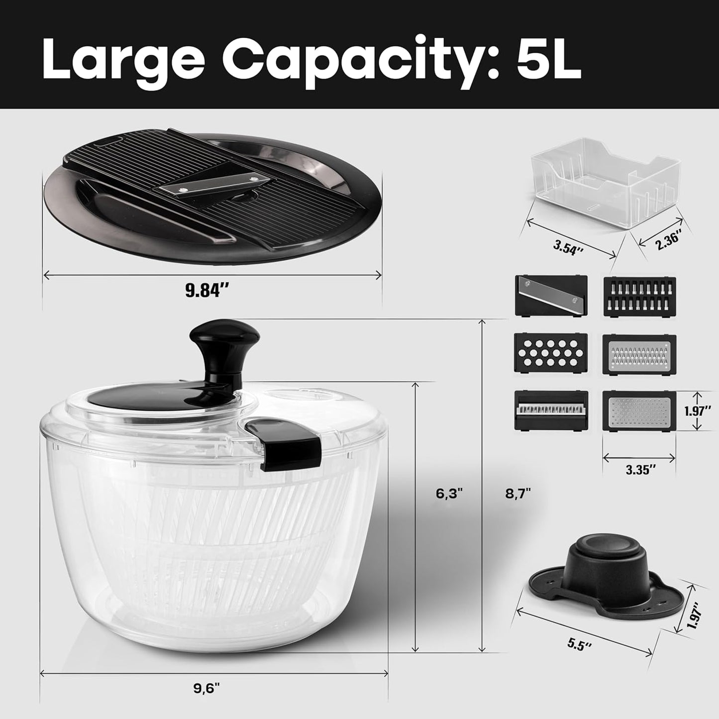 Joined Large Salad Spinner and Mandoline Slicer 6 in 1, Multi-Use Lettuce Spinner with Drain, Bowl, and Colander, Vegetable Dryer, Kitchen Slicer for Healthy Cooking, Perfect Holiday Gift - 5.28 Qt