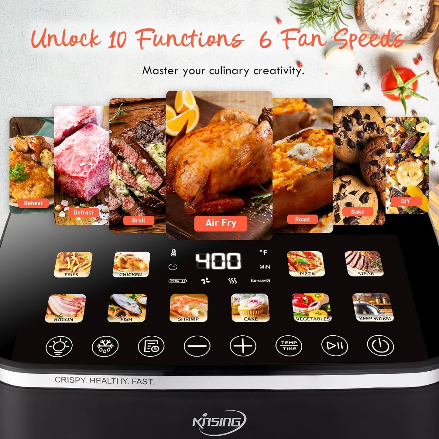 10.6 QT Oilless XL Large Air Fryer, 9 Presets & Keep Warm, Stainless Steel Inner Cavity, 400℉ Precise Temp Control, Shake Reminder, Square Non-Stick&Dishwasher Safe Basket,With Visible Window