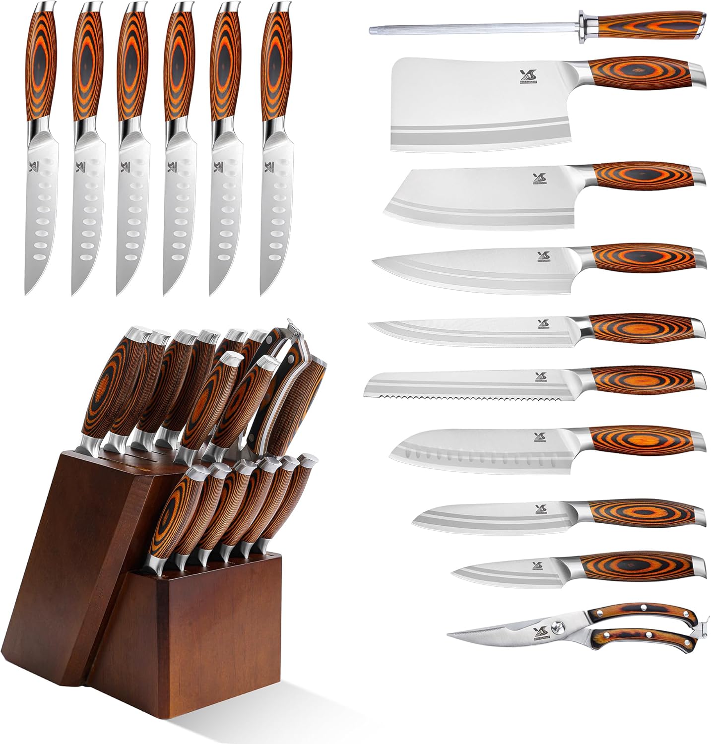 MSY BIGSUNNY Knife Block Set 17-piece Knife Set with Wooden Block - German Steel Perfect Cutlery Set Gift