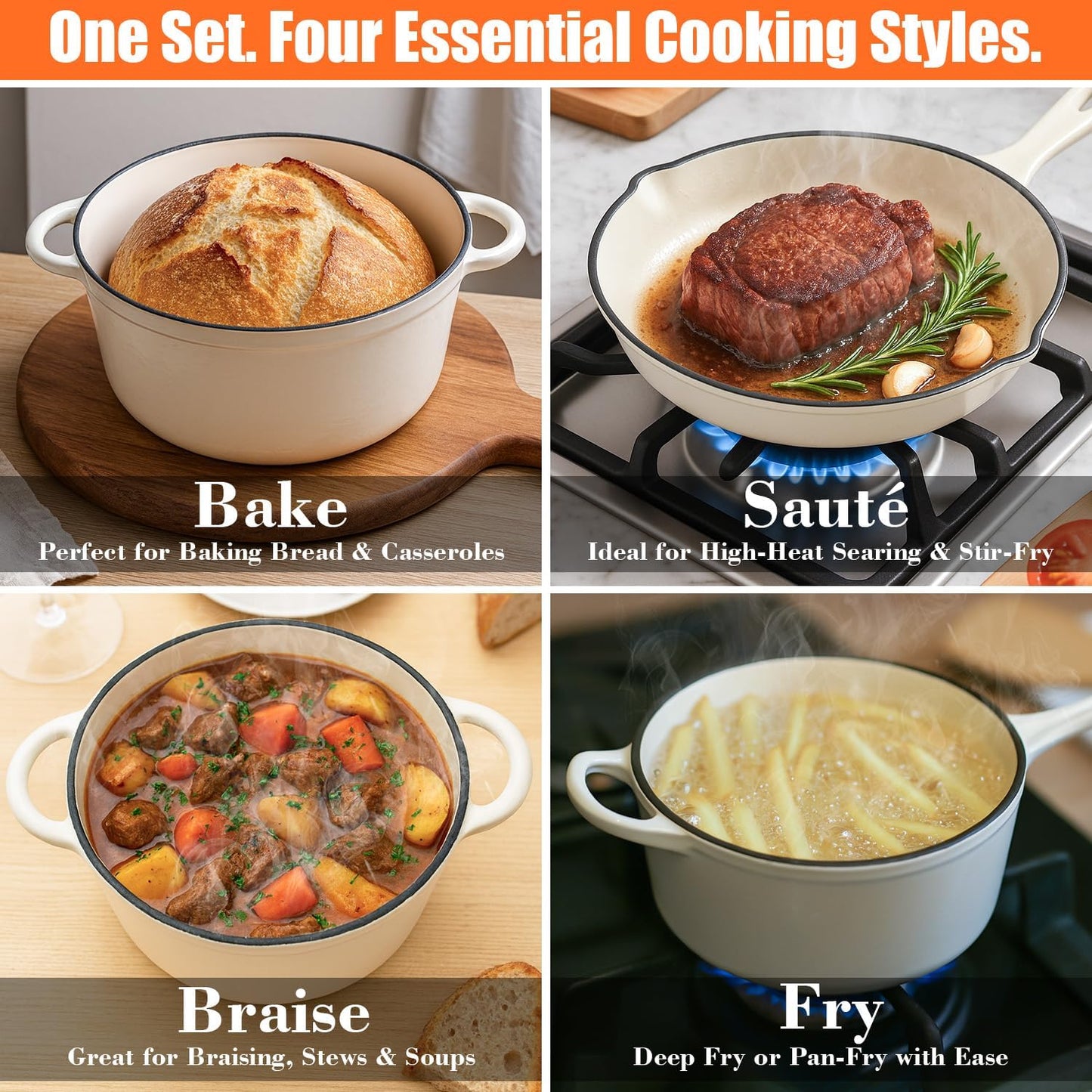 QuliMetal Nonstick Enameled Cast Iron Cookware Set, 5 Pcs Pots and Pans with Lid, Skillet, Frying Pan, Saucepan & Dutch Oven for All Stovetops, PFA Free - Ideal for Sourdough Bread Baking