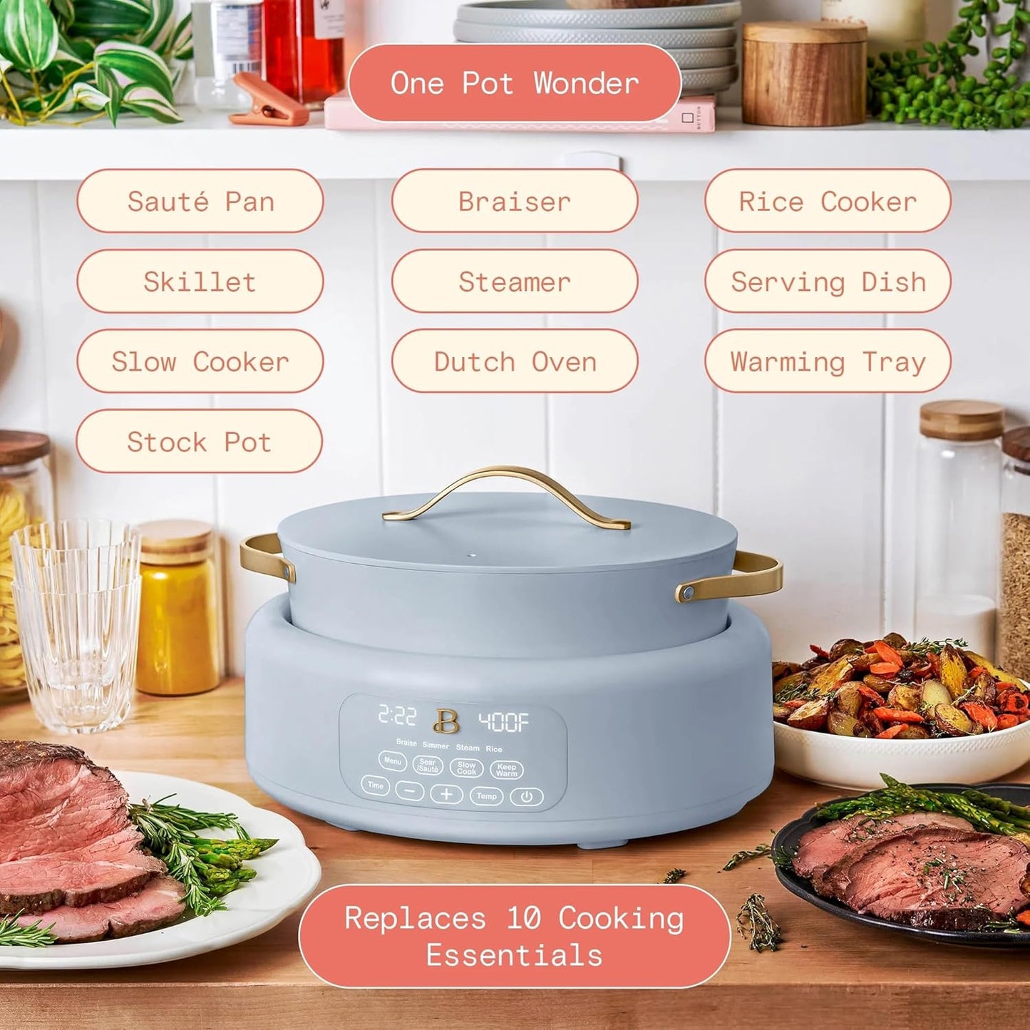 Beautiful™ 10-in-1 Electric Multi-Cooker, 6 Quart – Cornflower Blue by Drew Barrymore, Pressure Cook, Slow Cook, Sauté, Steam, Rice, Yogurt & More, Programmable Digital Display, Dishwasher-Safe Pot