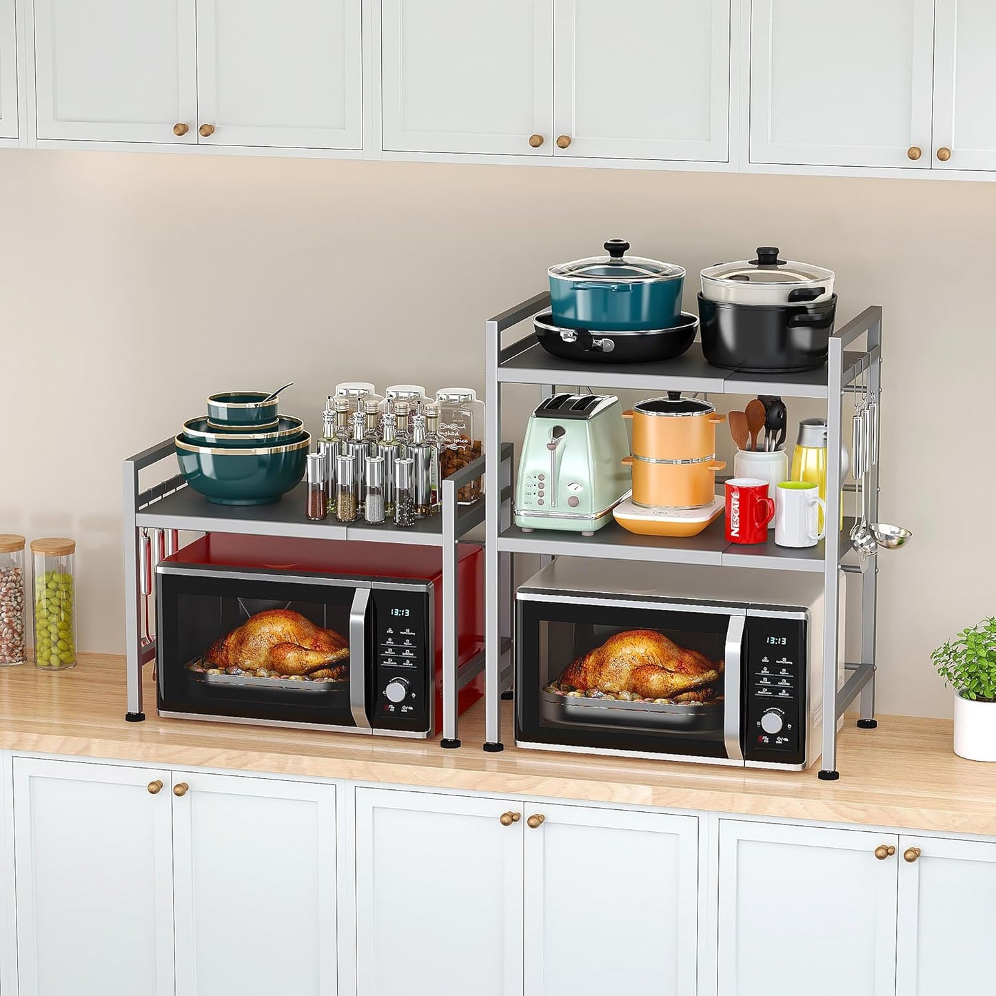 PUSDON Extendable Microwave Oven Rack, Adjustable Microwave/Toaster Shelf Heavy Duty Stand Kitchen Counter Top Organizer, 2 Tier with 3 Hooks, 160lbs Weight Capacity, Silver Grey