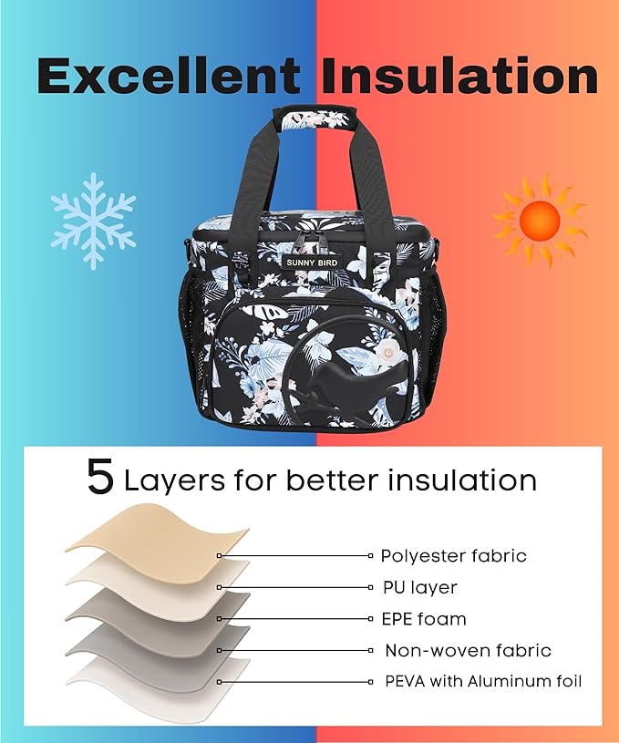 SUNNY BIRD 12L Large Insulated Lunch Bag, Leakproof and Foldable Lunch Cooler Box for Women Adult and Men, Fits 18 Cans (Hibiscus)