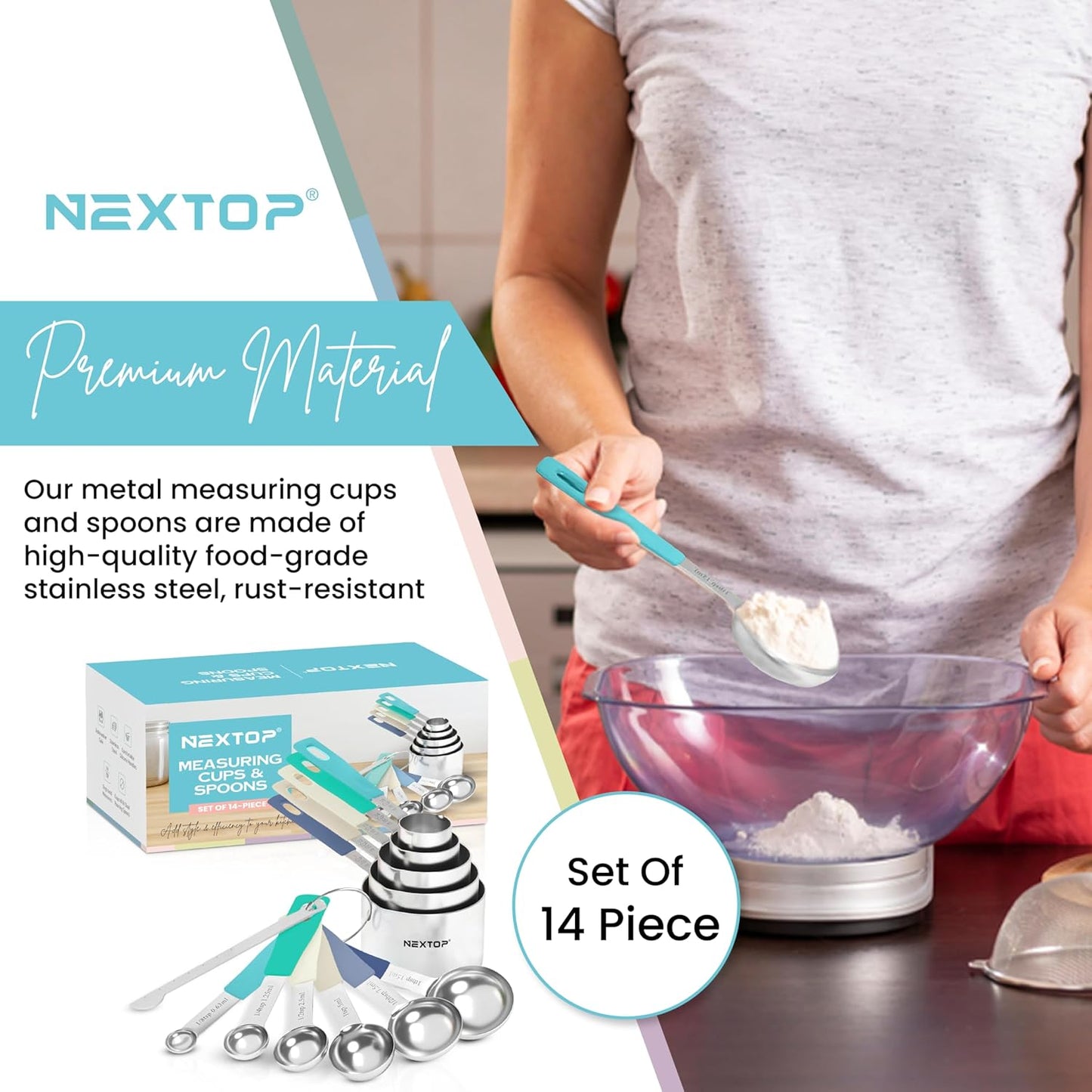 Nextop 14-Piece Stainless Steel Measuring Cups and Measuring Spoons Set with All Stackable Sizes and Leveler for Dry Ingredients, Complete Set for Kitchen & Baking Measuring Tools (Aqua Sky Blue Set)