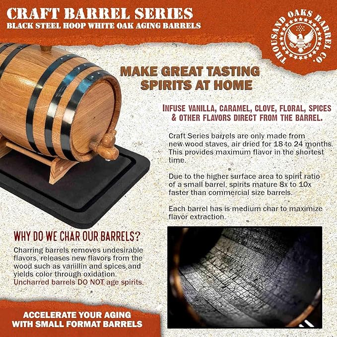 1 Liter Oak Aging Barrel with Wood Stand, Bung & Spigot - Mini Whiskey Barrels for The Home Alcohol Distiller, Moonshiner & Winemaker - Age Cocktails, Bourbon, Whisky, Tequila, Rum, Mead Wine (1L)