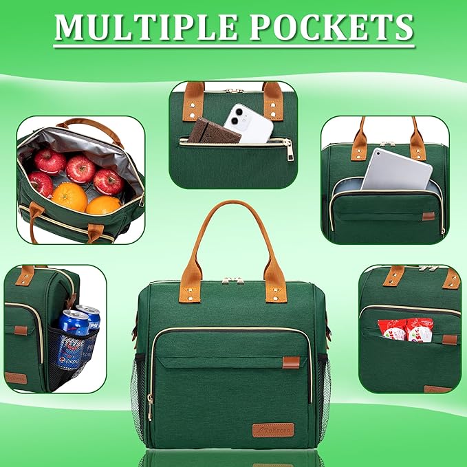 TuErCao Insulated Lunch Bag Adult Lunch Box for Women for Work Leakproof Soft Cooler for Beach Travel Picnic, Dark Green