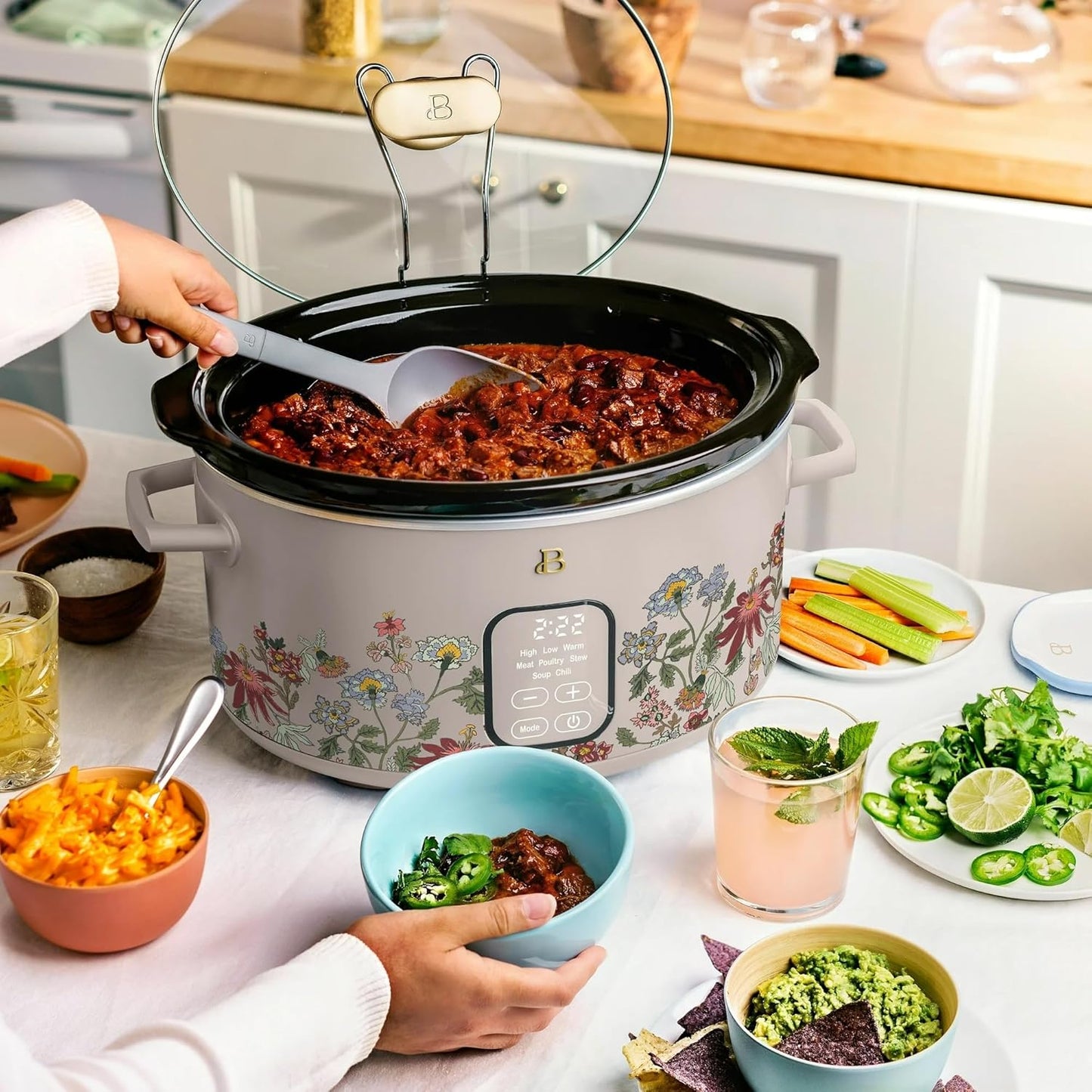 Beautiful 6 Qt Programmable Slow Cooker by Drew Barrymore - 5 Preset Cooking Functions, Digital Countdown Timer, Dishwasher-Safe Parts, and Cool-Touch Handles (Wildflower Porcini Taupe.)