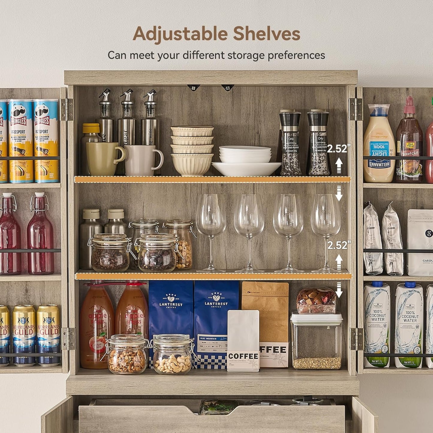 ONBRILL 71" Tall Kitchen Pantry Cabinet, Pantry Storage Cabinet with 6 Door Shelves, Hidden Drawer and Adjustable Shelf, Freestanding Rustic Wood Pantry for Kitchen, Dining Room (Grey Oak)