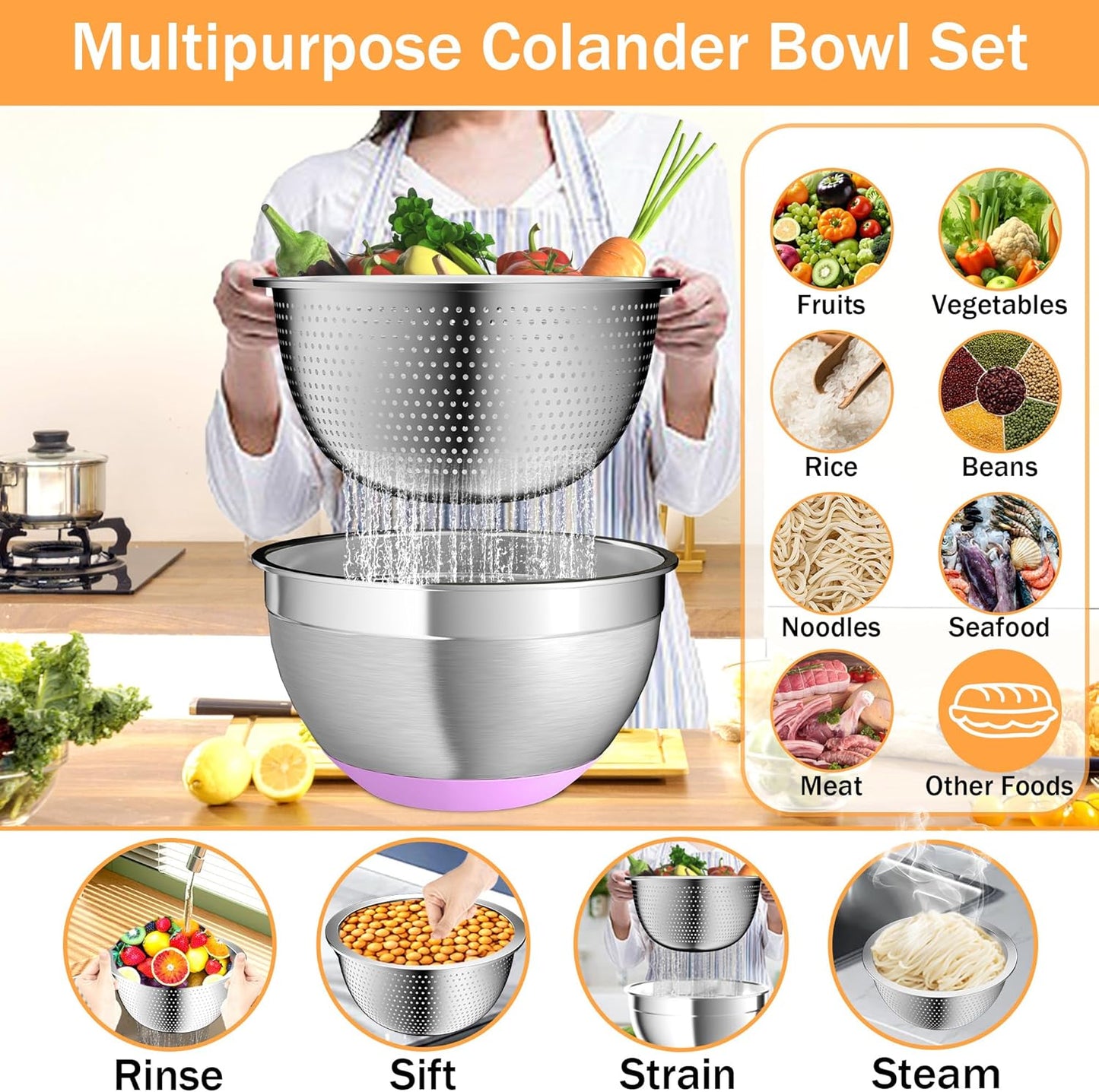 Mixing Bowls with Airtight Lids, Stainless Steel Mixing Bowl Set with 3 Metal Nesting Bowls, Colander & Grater, Non-Slip Bottoms, Size 1.5, 2.5, 5 QT, Great for Mixing & Serving, Mutilcolor