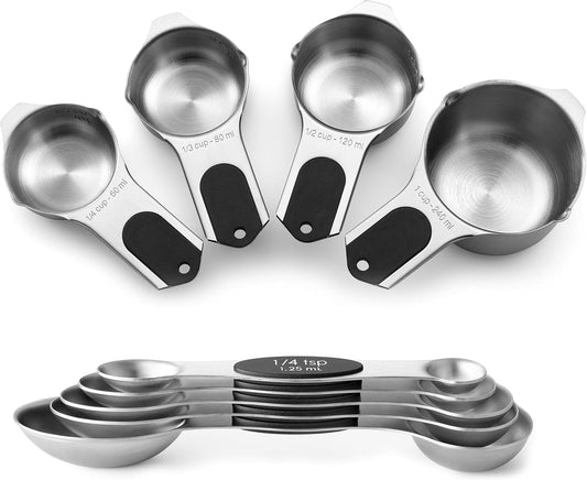 Spring Chef Magnetic Measuring Cups & Spoons Set, Patented, Strong N45 Magnets, Heavy Duty Stainless Steel Fits in Spice Jars for Baking & Cooking, BPA Free, Round Set of 9, Black