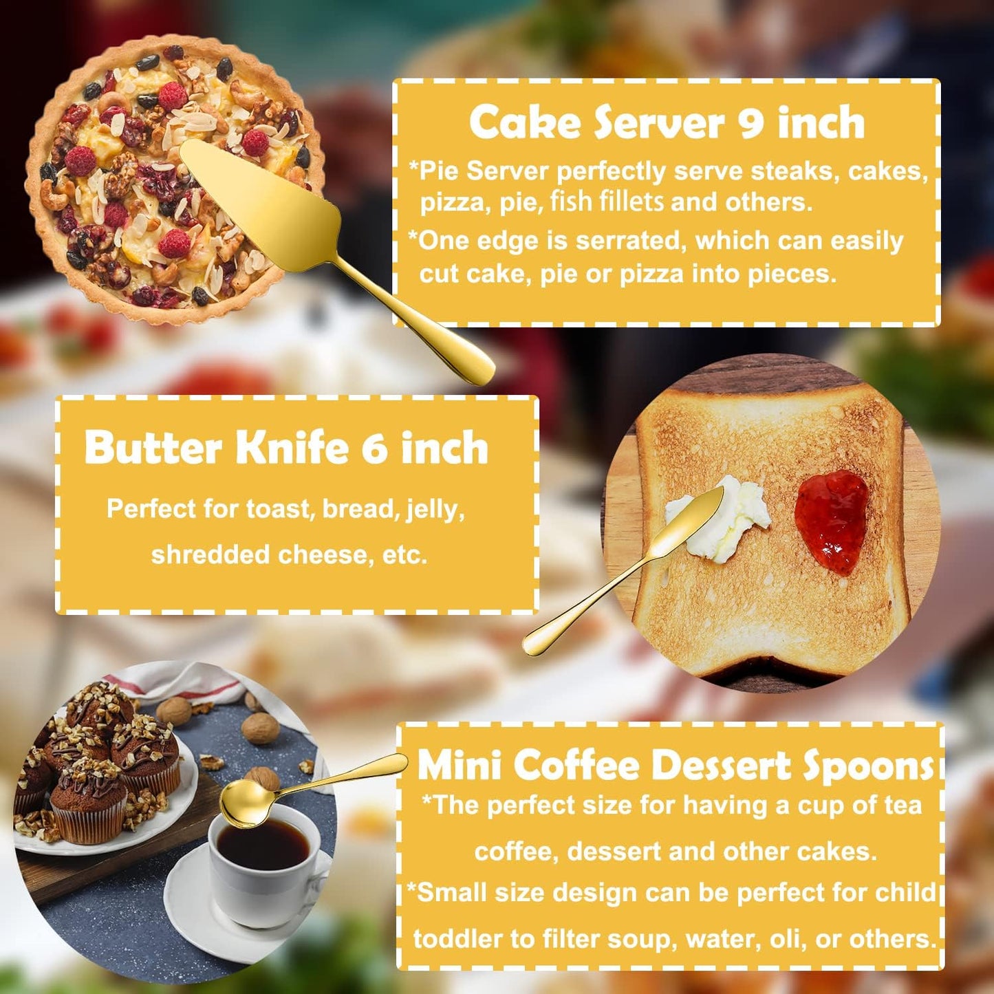 12 PCS Stainless Steel Serving Utensils, Large Spoons Slotted Spoons Forks Tongs, Ice Suger Tongs, Pie Server, Butter Knife, Coffee Spoons, Great for Buffet Catering Banquet Party, Gold