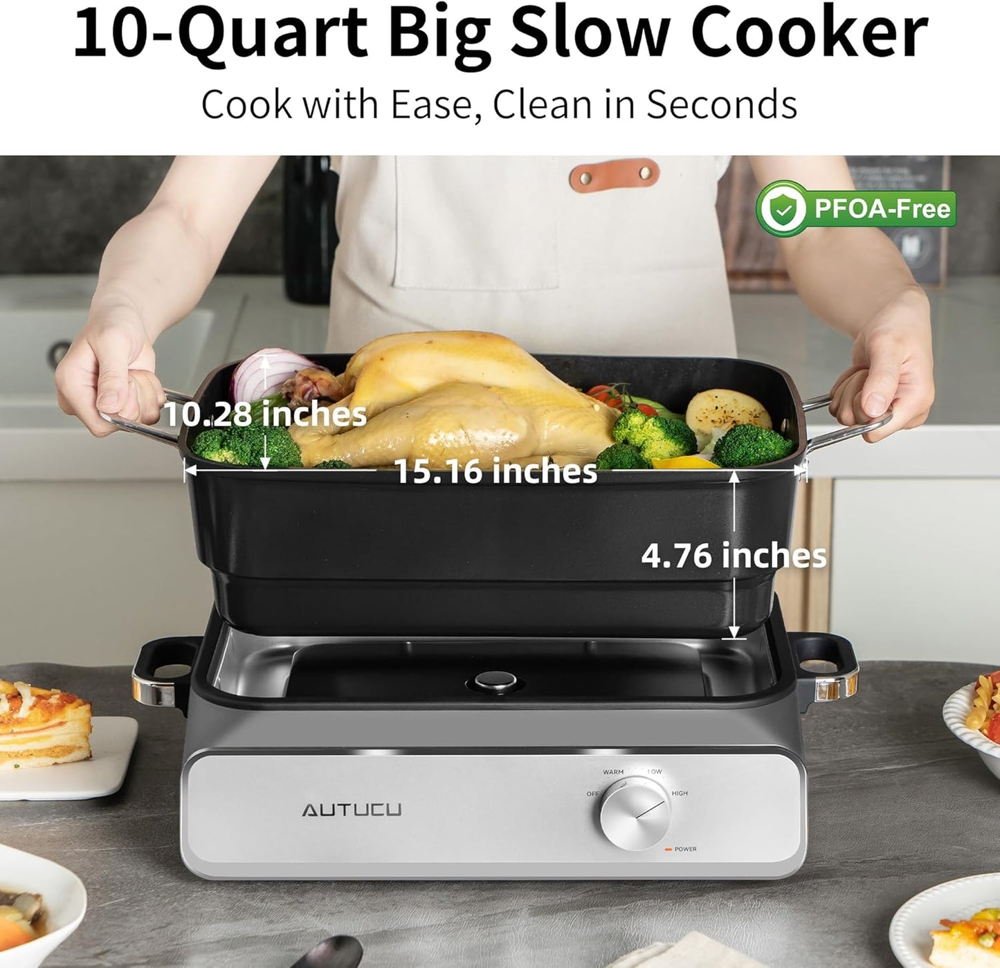 Slow Cooker 10-Quart - PFOA-Free Ceramic Coating, Oven Safe to 450°F | Keep Warm Function for Large Family Gatherings (Includes Silicone Spoon)