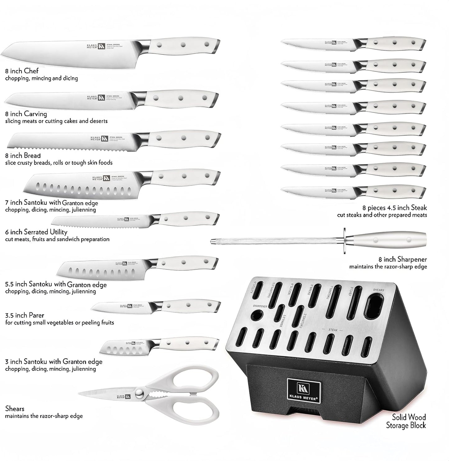 Klaus Meyer Stahl 19 Piece High Carbon Exclusive German Steel Knife Block Set (White)