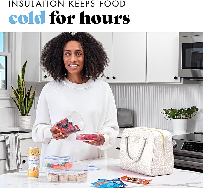 Fit & Fresh Lunch Bag For Women, Insulated Womens Lunch Bag For Work, Leakproof & Stain-Resistant Large Lunch Box For Women With Containers, Zipper Closure Bloomington Lunch Bag, Feline Fine Ivory