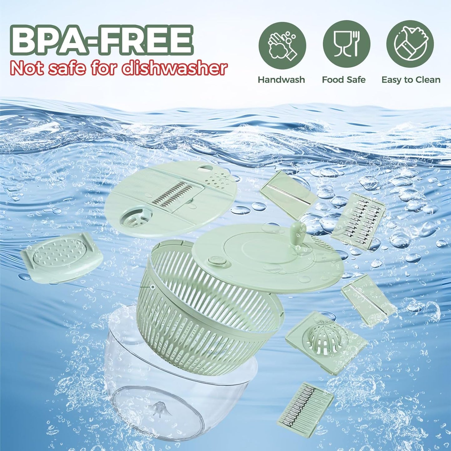 Airpro Salad Spinner Large, Vegetables Fruits Wash Bowl,Lettuce Spinner Pasta and Fries Dryer with 5 Blades,Egg Yolk Strainer Slicer Shredder for Kitchen Colander, 5.3 Qt, Green White