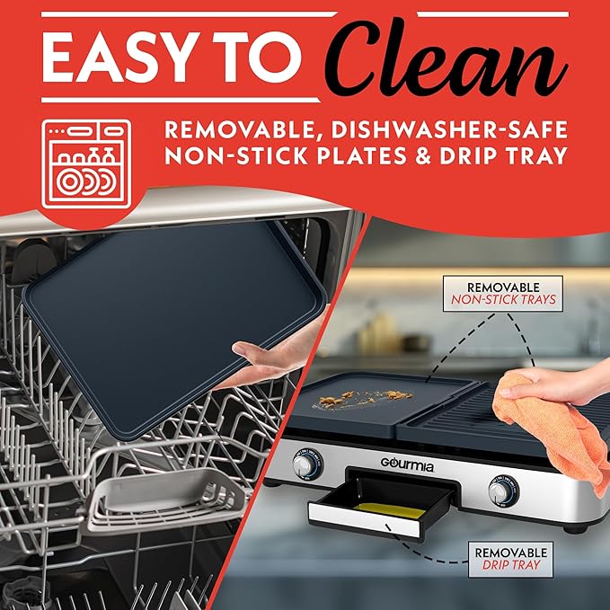 Gourmia 3-in-1 Indoor Grill & Griddle Electric Combo – Dual Independent Cooking Zones, Reversible Nonstick Ceramic Plates, XL Cooking Surface, 250–400°F Adjustable Temp, Dishwasher Safe