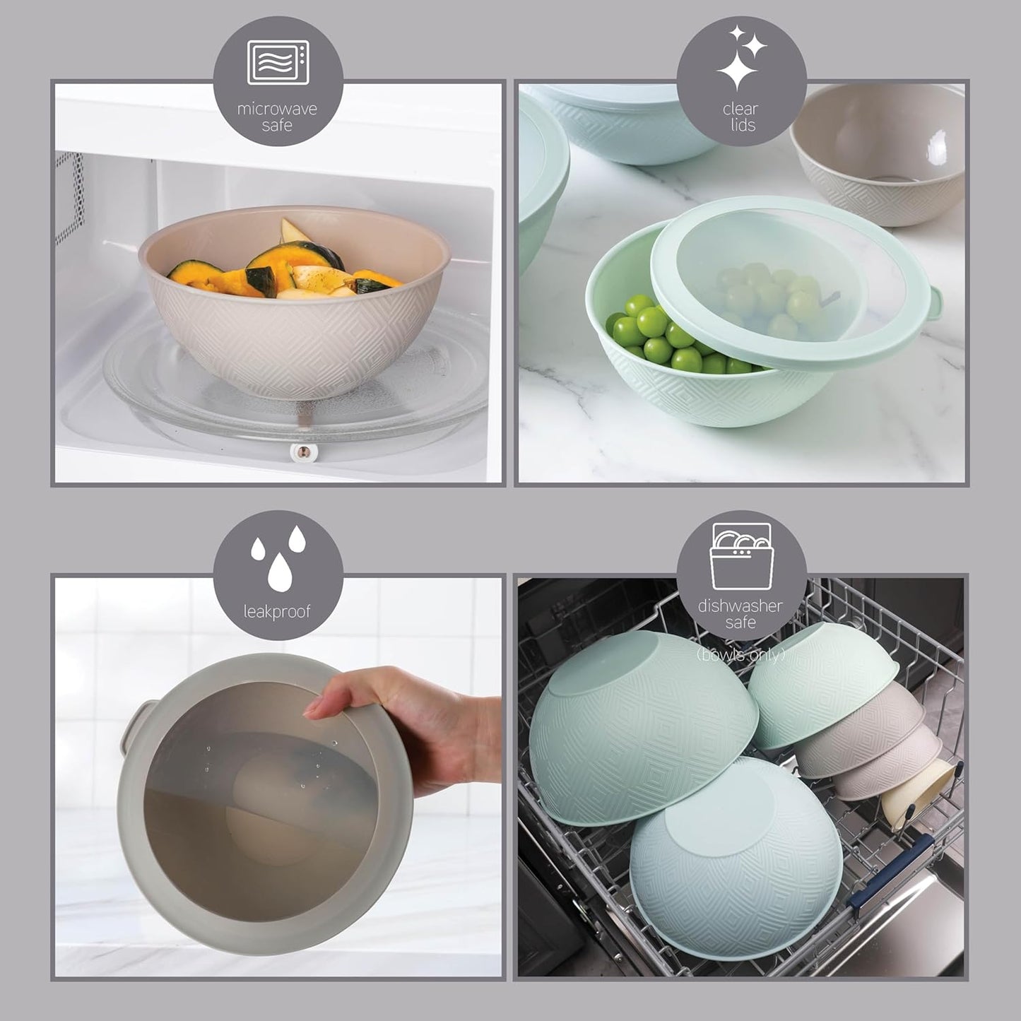 COOK WITH COLOR Mixing Bowls with Lids - 12 Piece Plastic Nesting Bowls Set includes 6 Prep Bowls and 6 Lids, Rhombus Design - Microwave Safe (Mint)